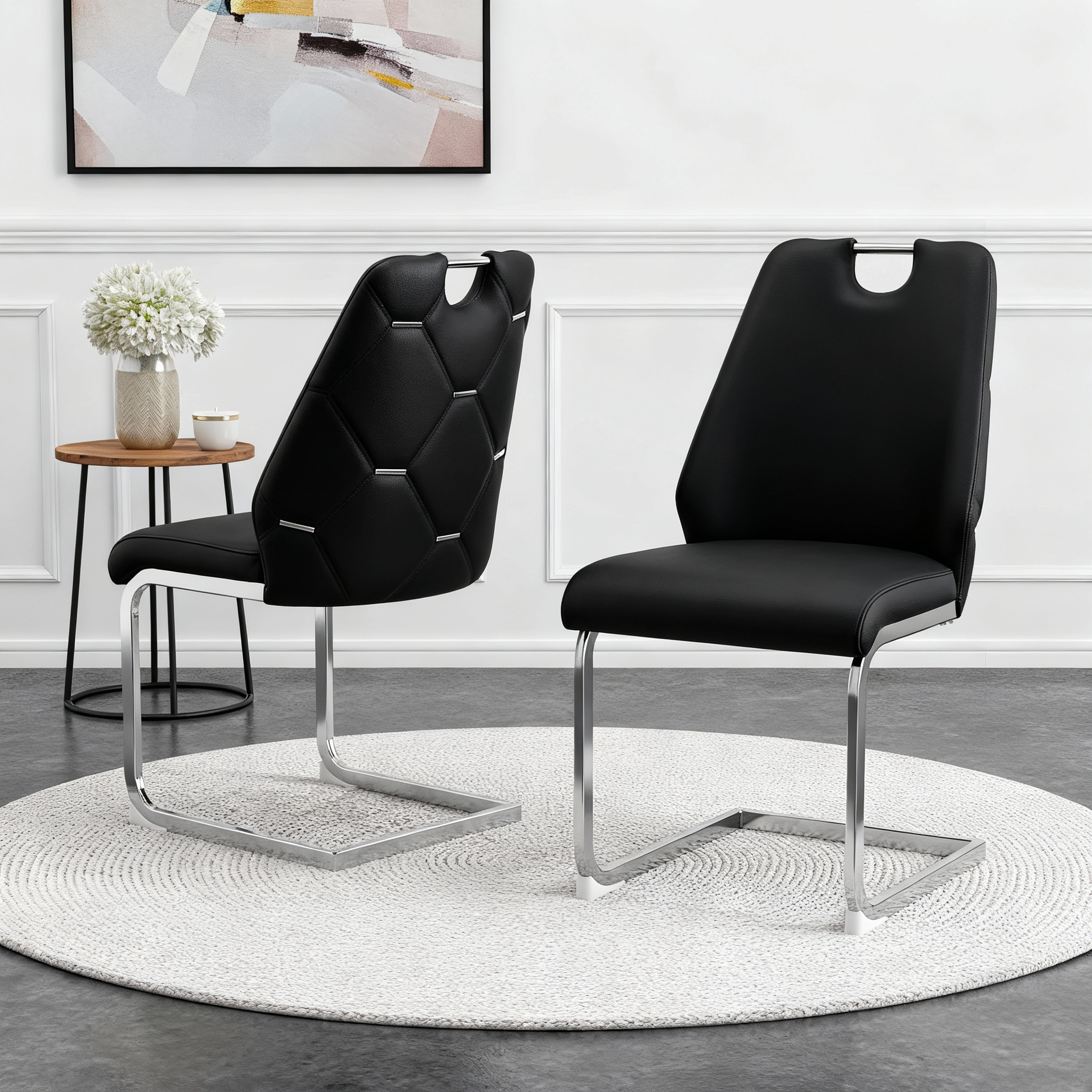 Dining Chairs Set of 2, Black Faux Leather Kitchen Chairs with Gold Mesh Texture, Silver Back Ring and Chrome Pull Handle, High Back Upholstered Dining Room Chair (Black, Set of 2)