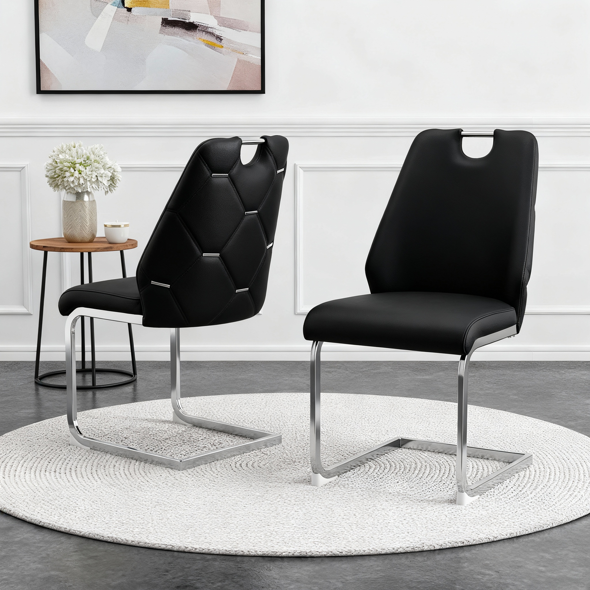Dining Chairs Set of 2, Black Faux Leather Kitchen Chairs with Gold Mesh Texture, Silver Back Ring and Chrome Pull Handle, High Back Upholstered Dining Room Chair (Black, Set of 2)