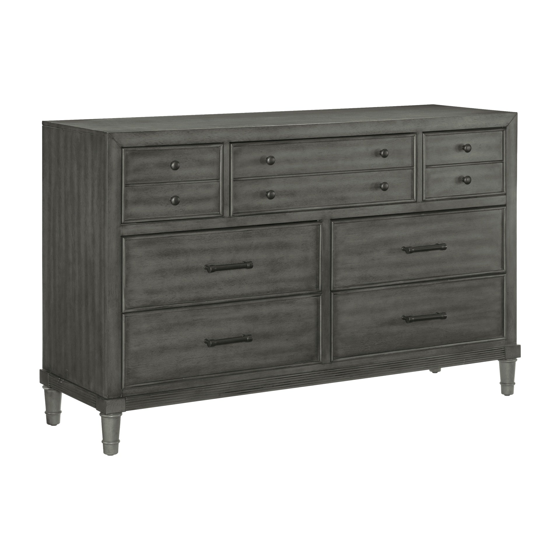 Transitional Style Gray Finish 1pc Dresser of 7 Drawers Dark Bronze Handles Wooden Bedroom Furniture