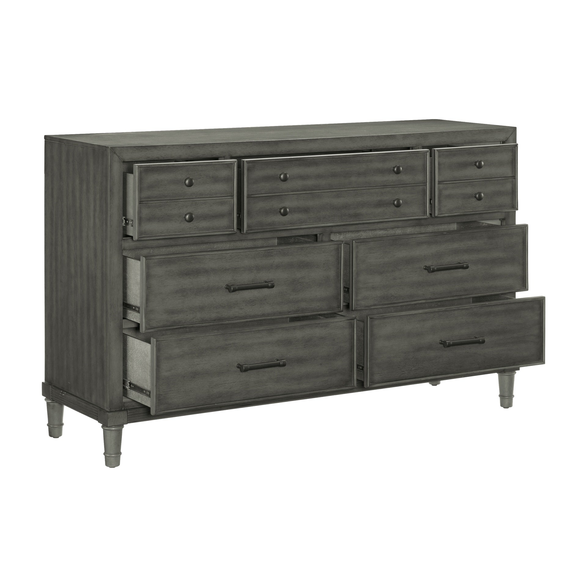 Transitional Style Gray Finish 1pc Dresser of 7 Drawers Dark Bronze Handles Wooden Bedroom Furniture