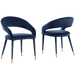 Modern Velvet Dining Chair Set of 2, Wooden Legs with Gold Accent Tips, Navy