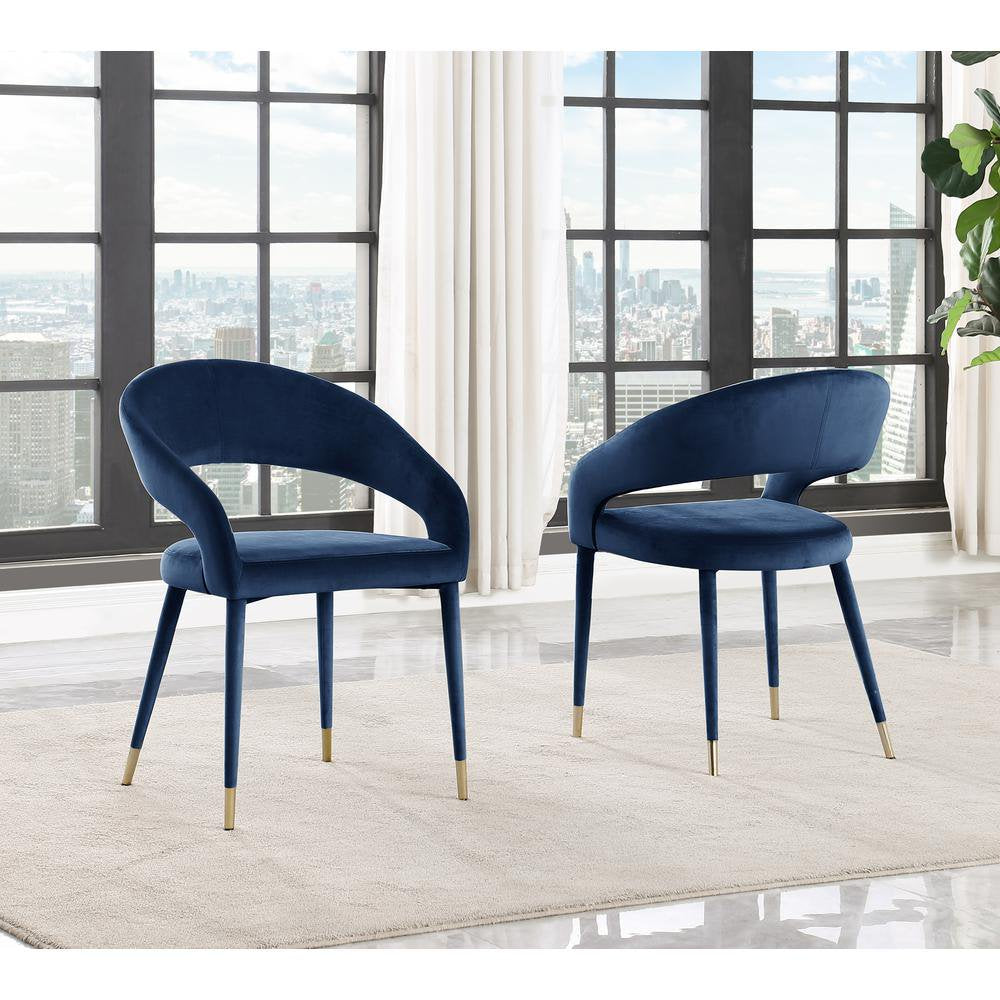 Modern Velvet Dining Chair Set of 2, Wooden Legs with Gold Accent Tips, Navy