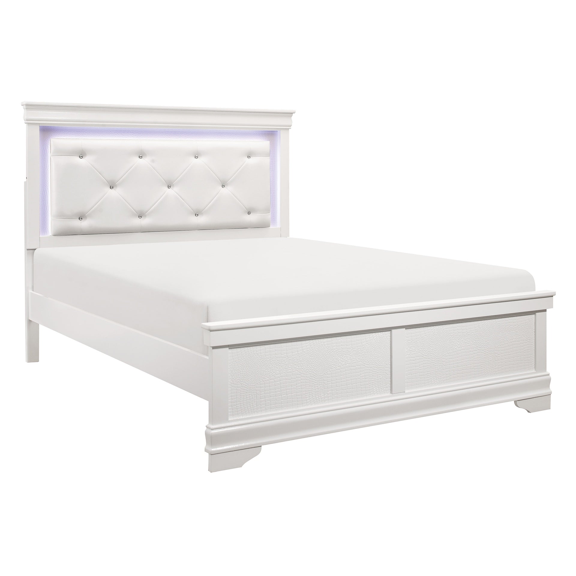Traditional Design White Finish 1pc Queen Size Bed Button-Tufted Upholstered LED Headboard Faux Alligator Embossed Panels