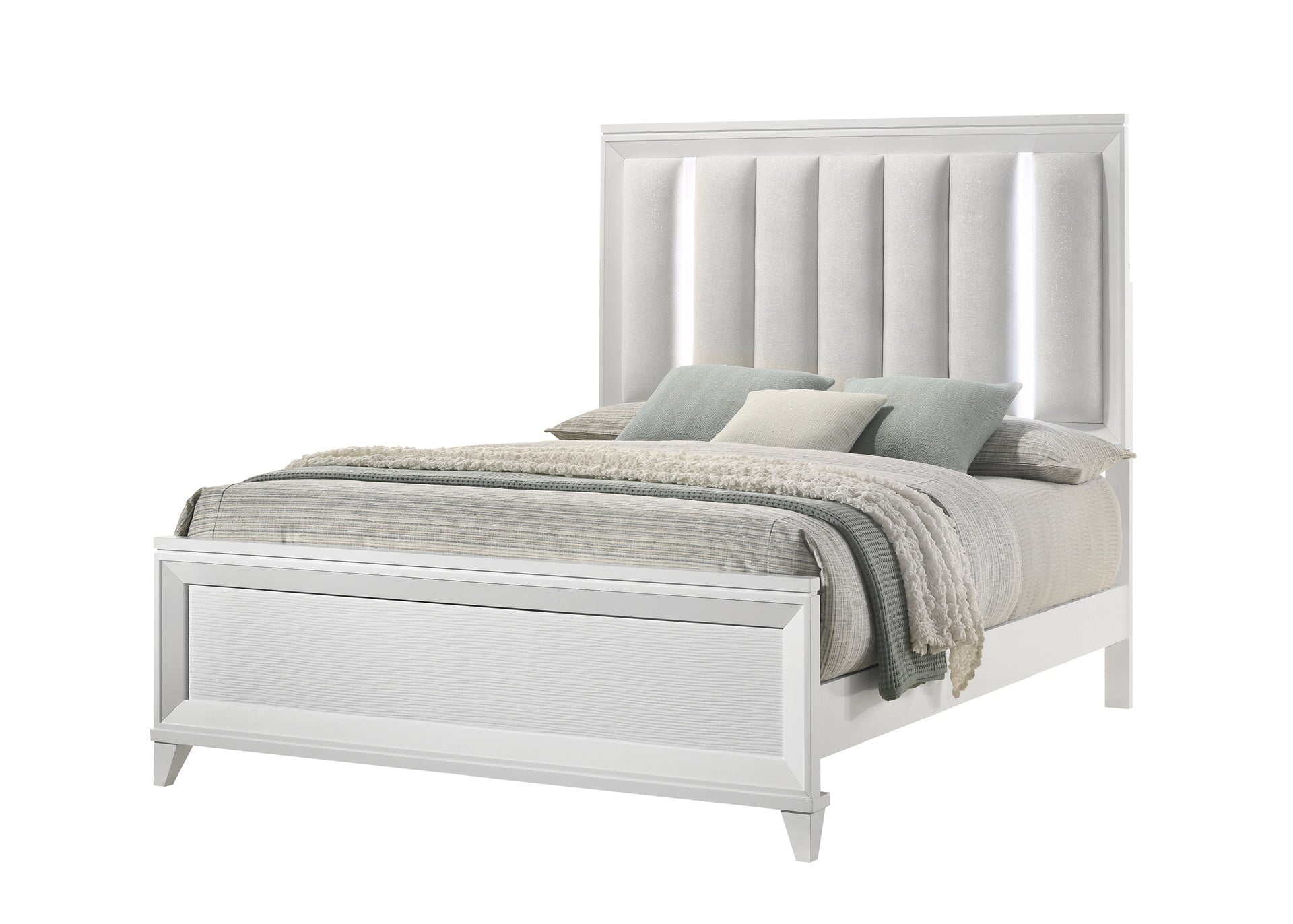 1pc Queen Size LED Light Linen Look Fabric Upholstered Headboard Panel Bed White Finish Solid Wood Wooden Bedroom Furniture