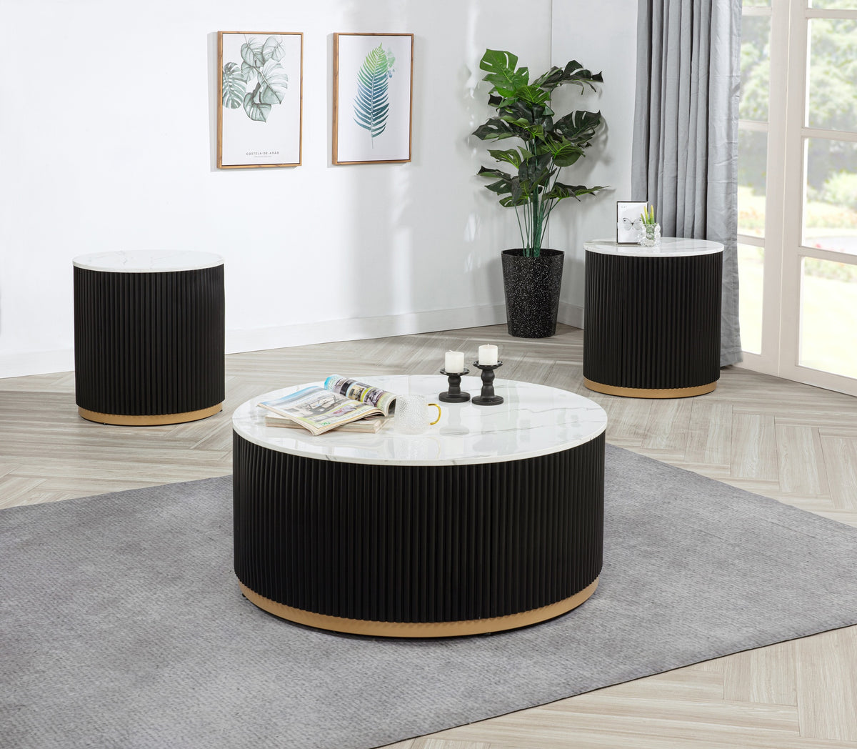 3pc Modern Cocktail Group Set Coffee Table End Table Luxurious Marble-inspired Top Reeded Base Gold-finished Foundation With Casters Wooden Living Room Furniture