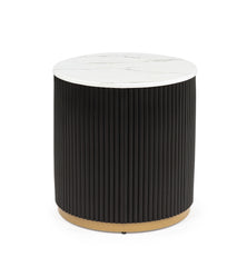 3pc Modern Cocktail Group Set Coffee Table End Table Luxurious Marble-inspired Top Reeded Base Gold-finished Foundation With Casters Wooden Living Room Furniture