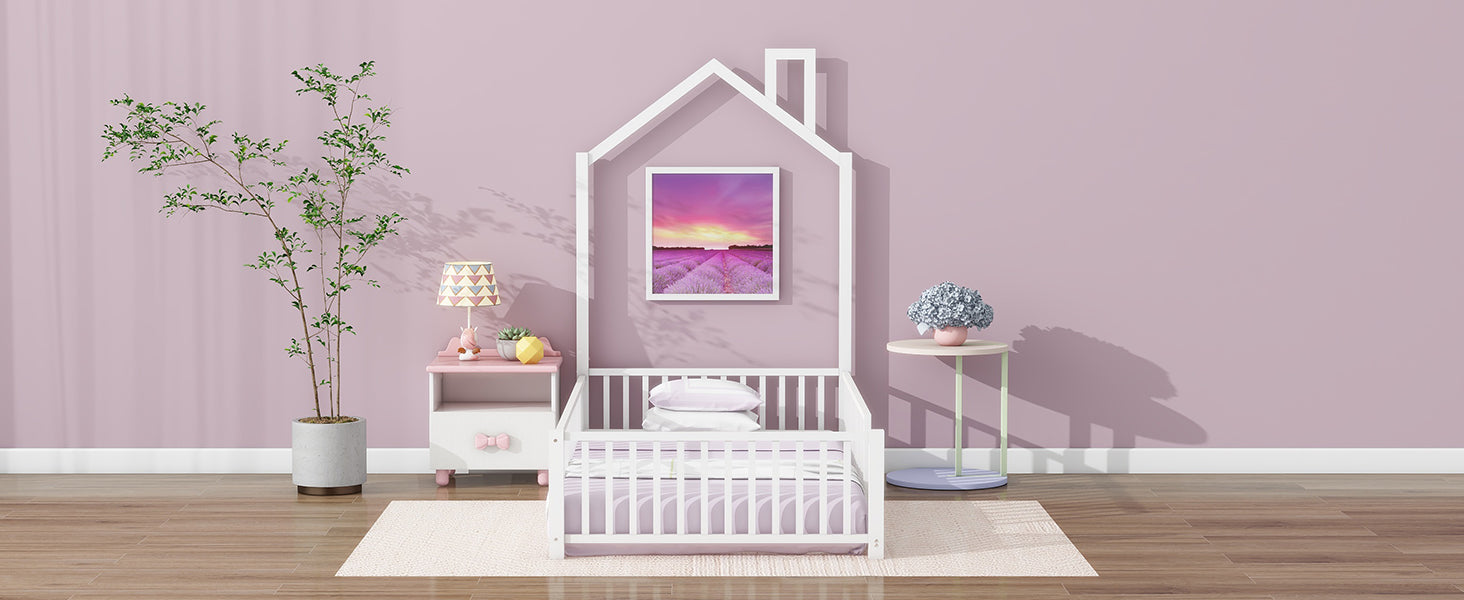 Twin Size Metal House Platform Bed with Guardrail and Chimney, White