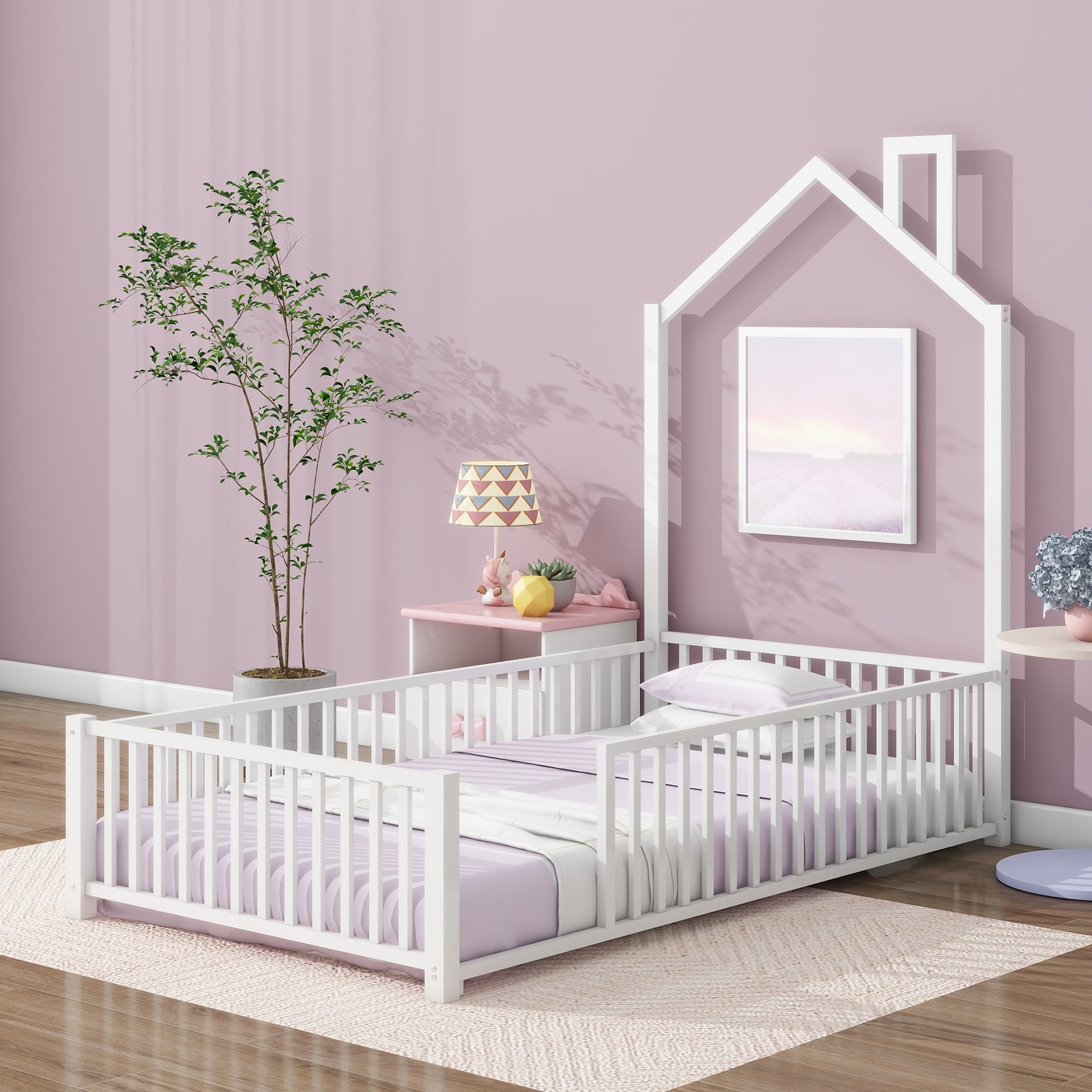 Twin Size Metal House Platform Bed with Guardrail and Chimney, White