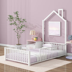 Twin Size Metal House Platform Bed with Guardrail and Chimney, White