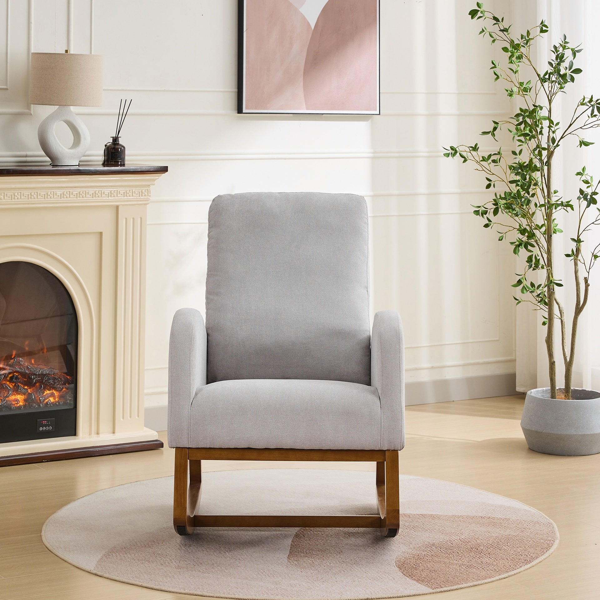 27.2"W Rocking Chair for Nursery, Polyester Glider Chair with High Back and Side Pocket, Rocking Accent Armchair with Rubber Wood Legs for Living Room/Bedroom.Light Gray