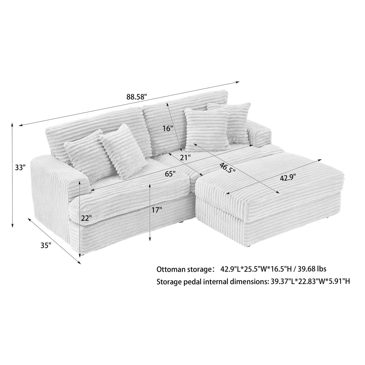 88.58 inch Orange corduroy sofa, single storage leg + four pillows, soft as a cloud, stylish lazy sofa, suitable for living room and office