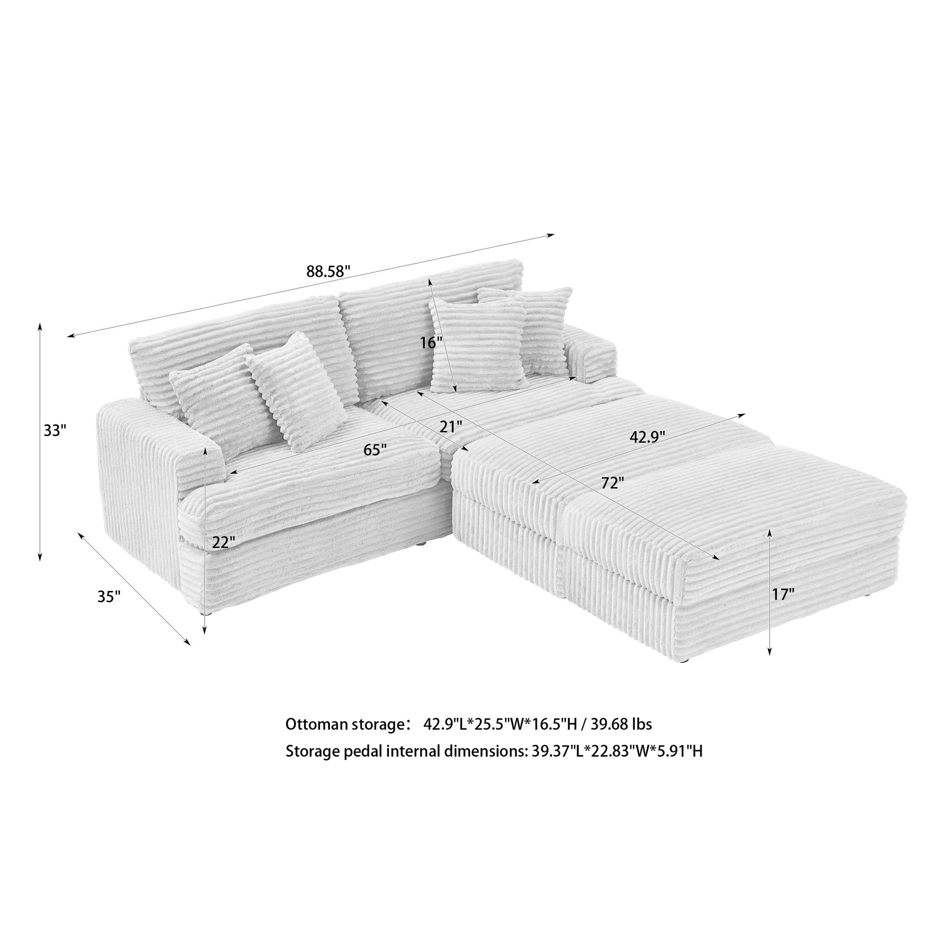 88.58 inch Orange corduroy sofa with double storage legs + four pillows, as soft as a cloud, a stylish lazy sofa suitable for living room and office