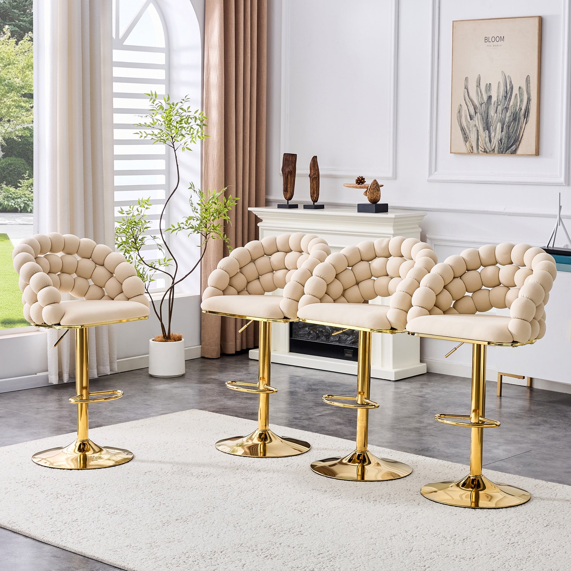 Set of 2 Beige Puffy Bubble Chair Ball Chain Chair Velvet Bar Stools with Gold Legs, Modern Tufted Adjustable Bar Chairs for Kitchen Island & Home Bar