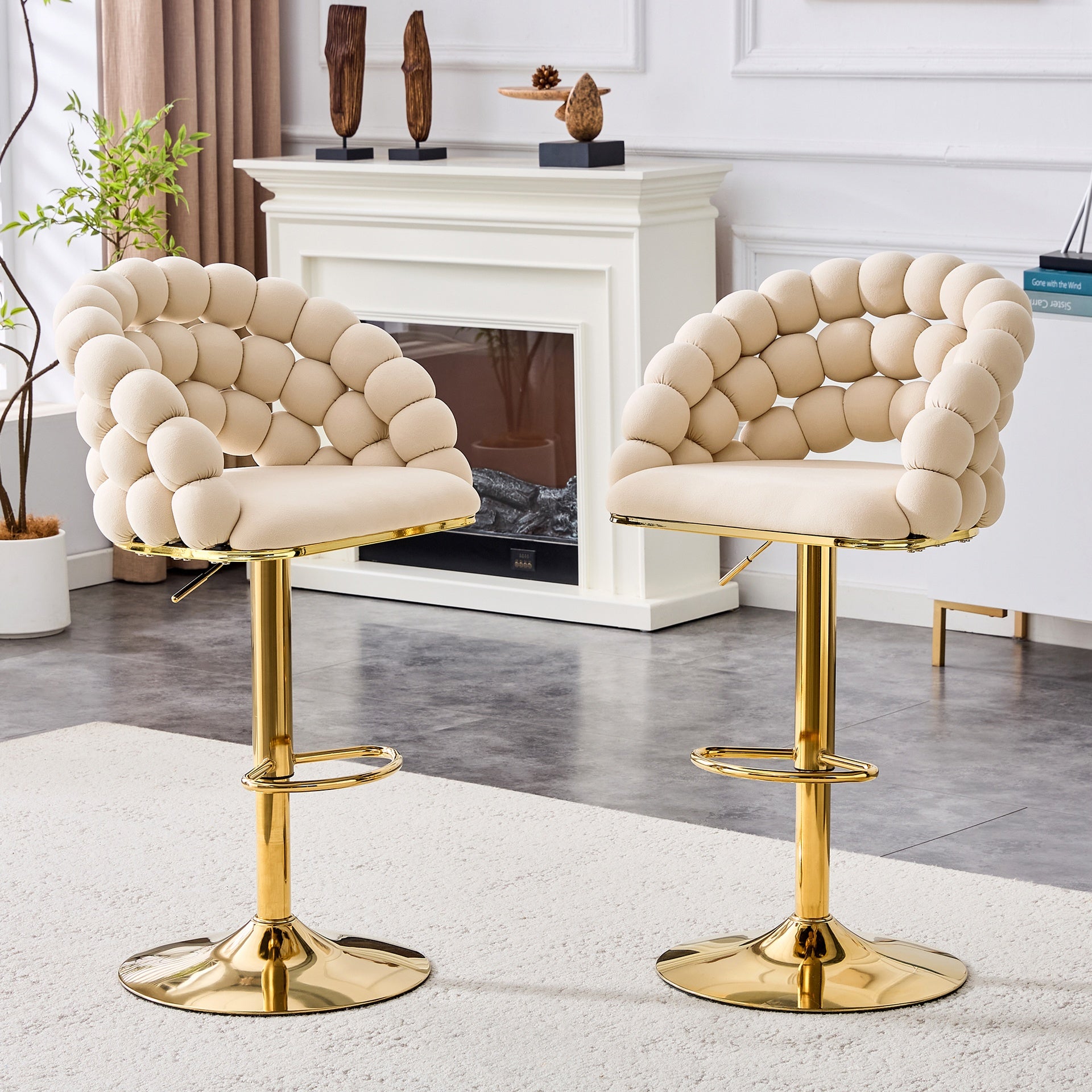 Set of 2 Beige Puffy Bubble Chair Ball Chain Chair Velvet Bar Stools with Gold Legs, Modern Tufted Adjustable Bar Chairs for Kitchen Island & Home Bar