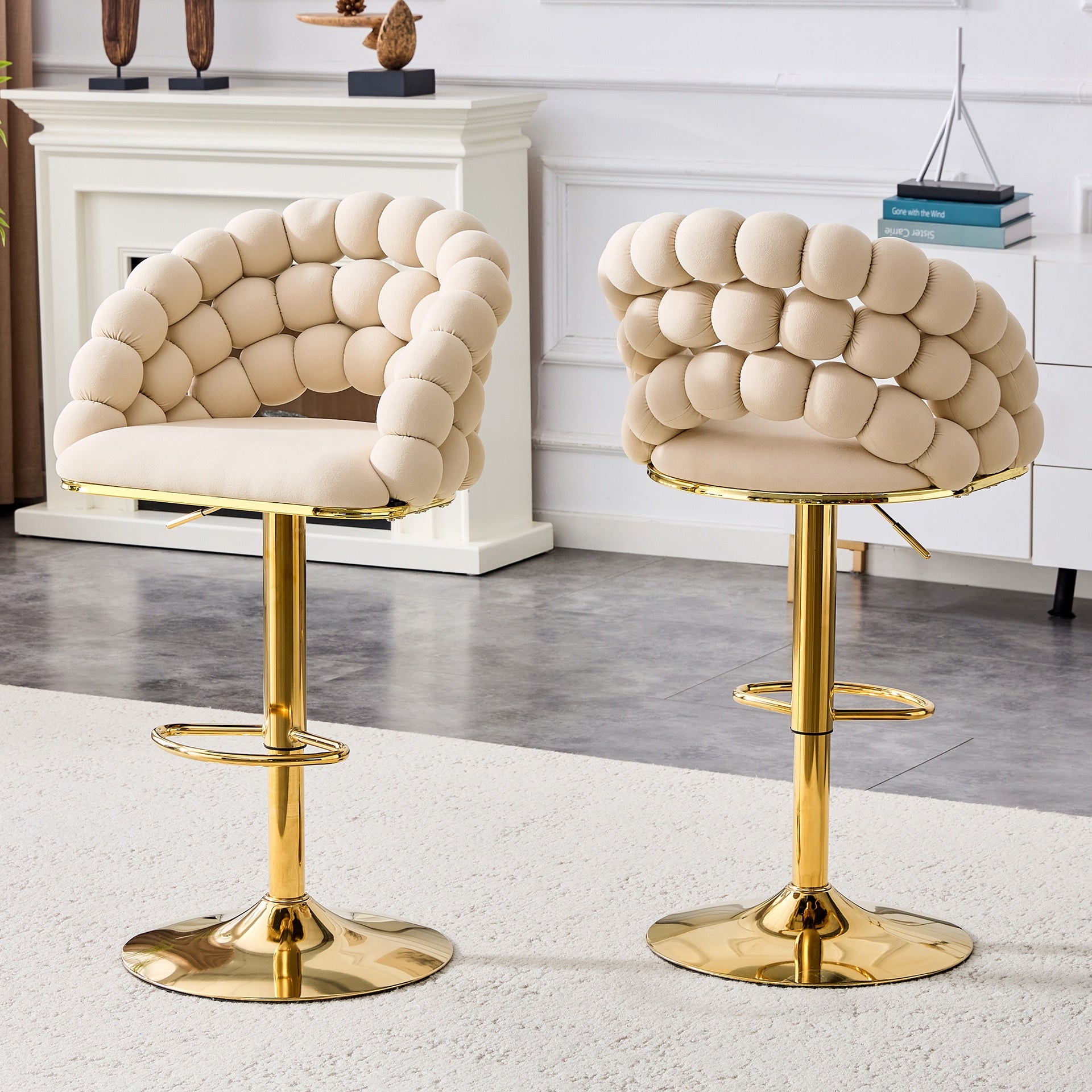 Set of 2 Beige Puffy Bubble Chair Ball Chain Chair Velvet Bar Stools with Gold Legs, Modern Tufted Adjustable Bar Chairs for Kitchen Island & Home Bar