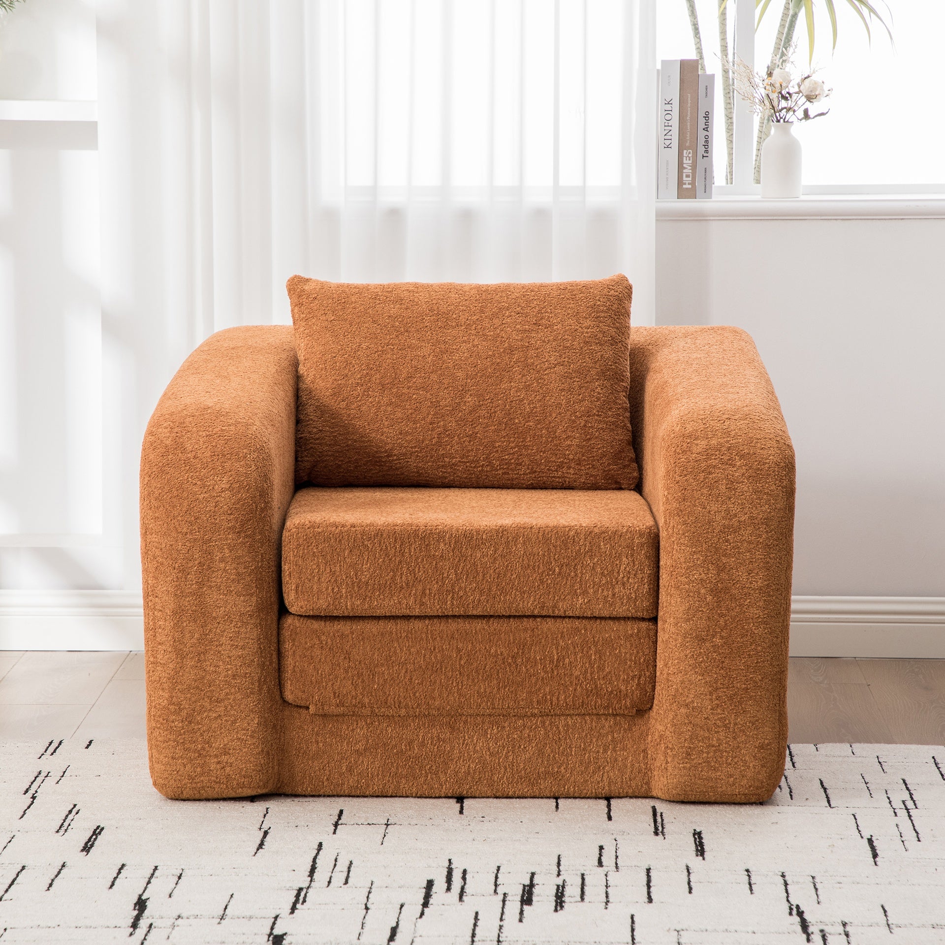 40" Foldable Single Sofa Bed with Armrest & Backrest, Convertible Chenille Boneless Cloud Floor Mattress Sleeper Lounge Accent Chair with Pillow for Apartment Living Room Bedroom Dorm Guestroom,Orange