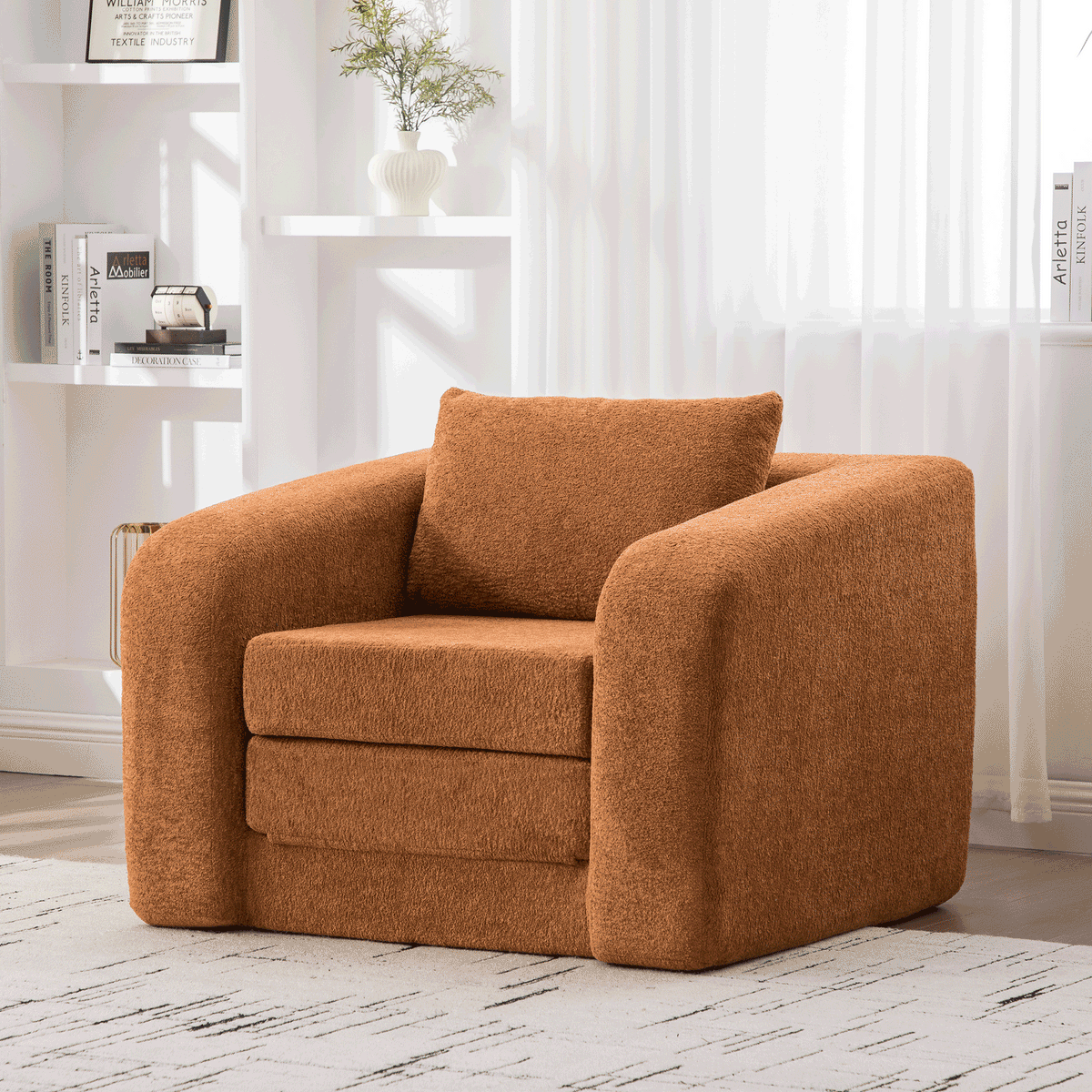 40" Foldable Single Sofa Bed with Armrest & Backrest, Convertible Chenille Boneless Cloud Floor Mattress Sleeper Lounge Accent Chair with Pillow for Apartment Living Room Bedroom Dorm Guestroom,Orange