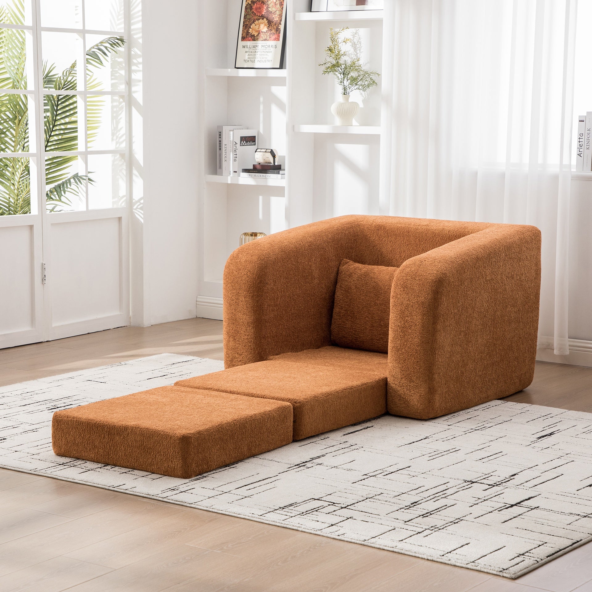 40" Foldable Single Sofa Bed with Armrest & Backrest, Convertible Chenille Boneless Cloud Floor Mattress Sleeper Lounge Accent Chair with Pillow for Apartment Living Room Bedroom Dorm Guestroom,Orange