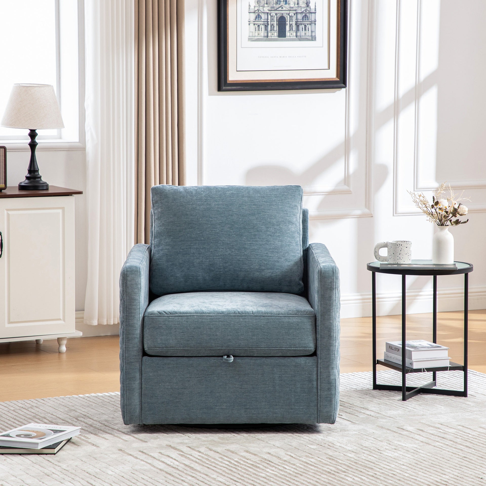 29.5''W Upholstered 360° Swivel Armchair with Hidden Storage, Comfy Diamond-Shape Tufted Armrests Accent Square Club Chair Single Sofa with Pillow for Living Room, Bedroom,Reading Nook,Corner, Blue