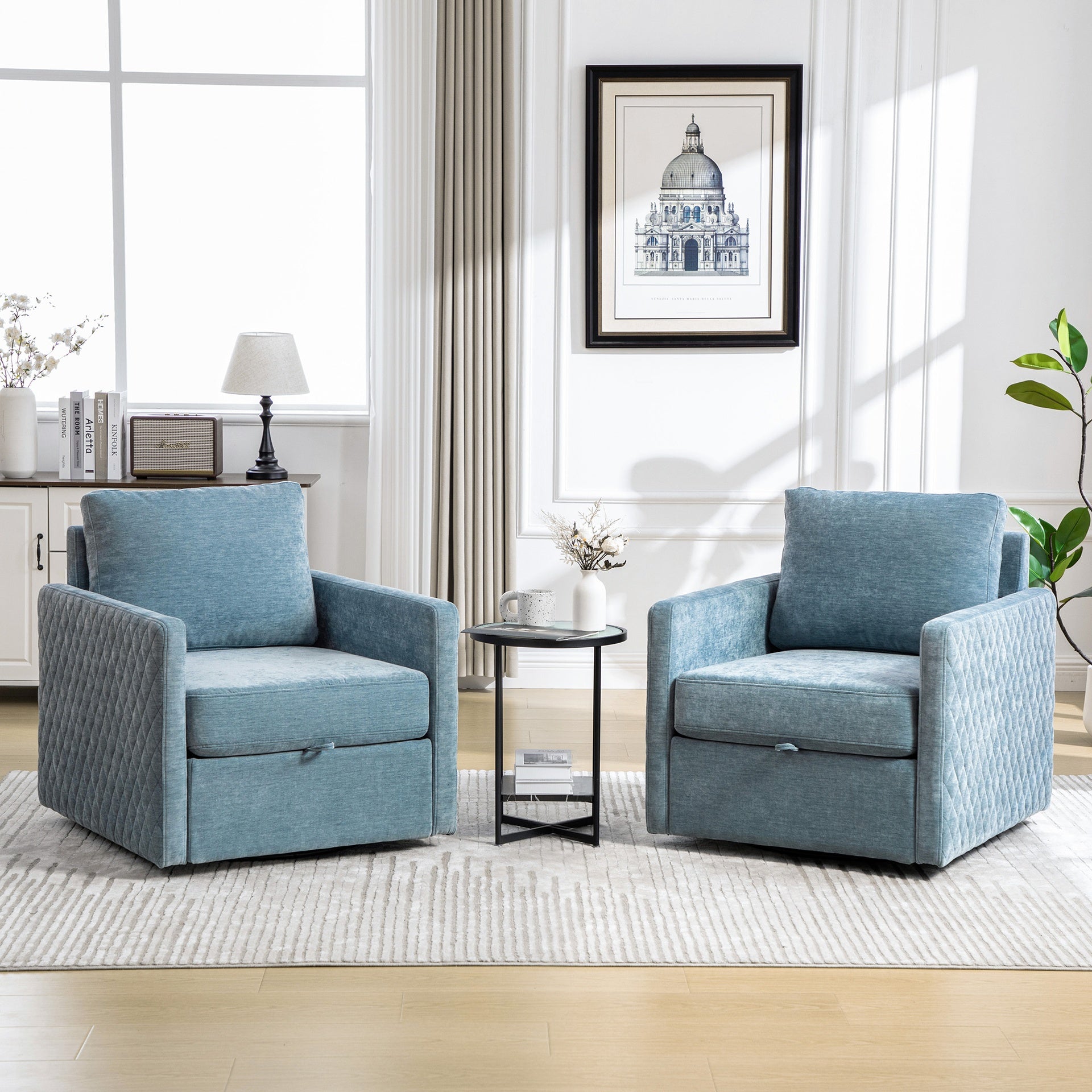 29.5''W Upholstered 360° Swivel Armchair with Hidden Storage, Comfy Diamond-Shape Tufted Armrests Accent Square Club Chair Single Sofa with Pillow for Living Room, Bedroom,Reading Nook,Corner, Blue