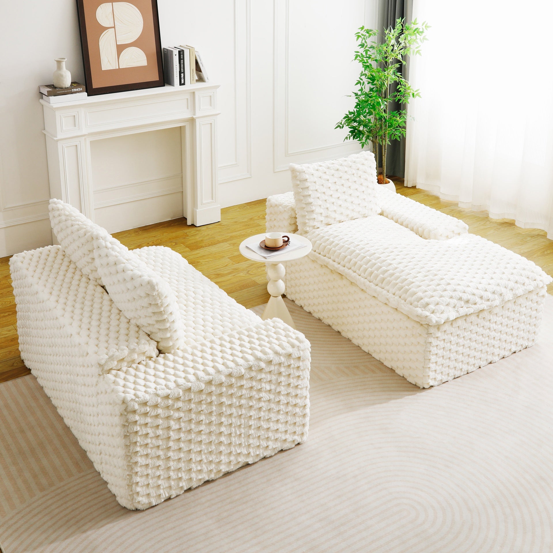 White Turtle Velvet Versatile Sofa: Convertible Twin-Seat with Right Chaise Lounge (Reclining Lounger for Premium Comfort), Featuring Face-to-Face Seating, Switchable Between L-Shape and Straight
