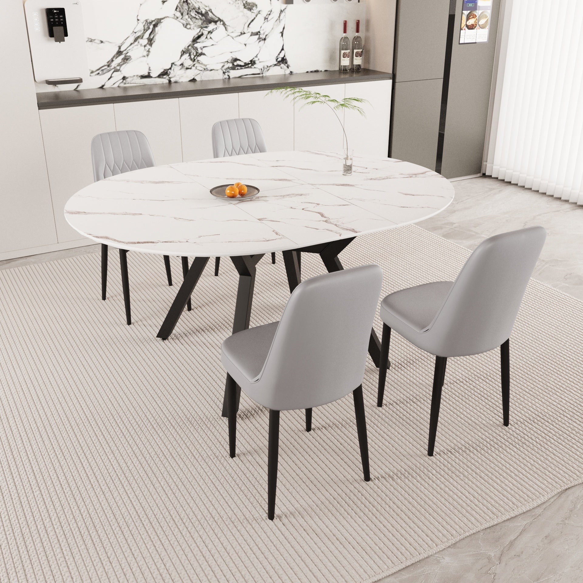 47-63" expandable circular dining tables , equipped with 4 PU fabric thick cushioned dining chairs and an elegant and spacious dining table, kitchen table and chair, with black metal legs