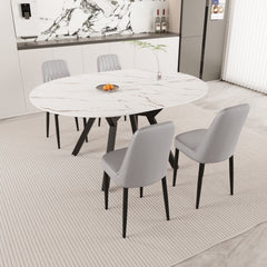 47-63" expandable circular dining tables , equipped with 4 PU fabric thick cushioned dining chairs and an elegant and spacious dining table, kitchen table and chair, with black metal legs