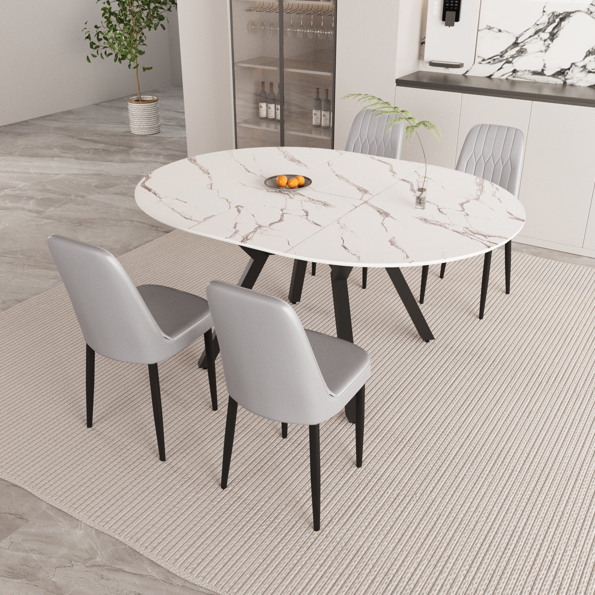 47-63" expandable circular dining tables , equipped with 4 PU fabric thick cushioned dining chairs and an elegant and spacious dining table, kitchen table and chair, with black metal legs
