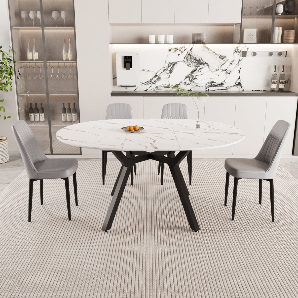 47-63" expandable circular dining tables , equipped with 4 PU fabric thick cushioned dining chairs and an elegant and spacious dining table, kitchen table and chair, with black metal legs