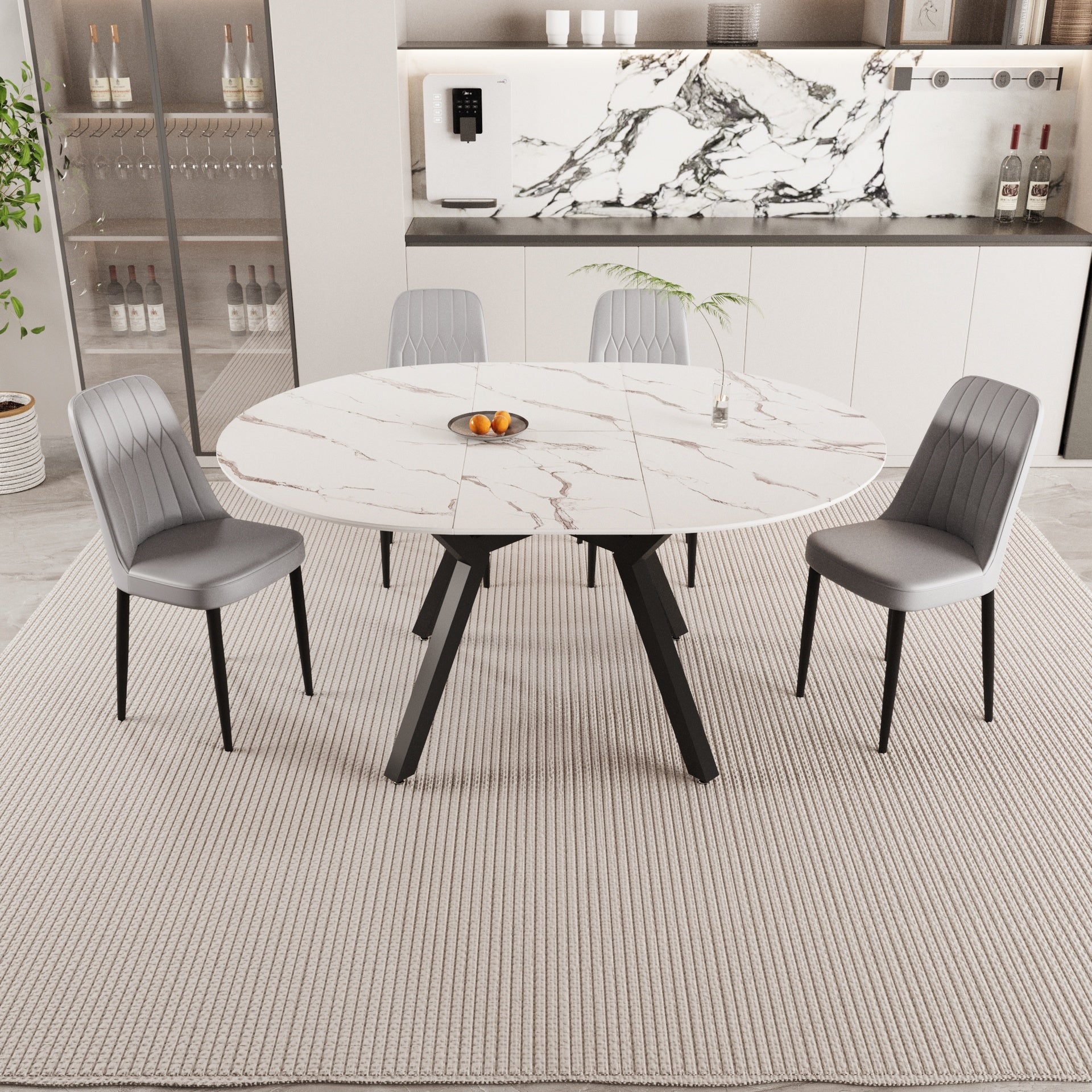 47-63" expandable circular dining tables , equipped with 4 PU fabric thick cushioned dining chairs and an elegant and spacious dining table, kitchen table and chair, with black metal legs