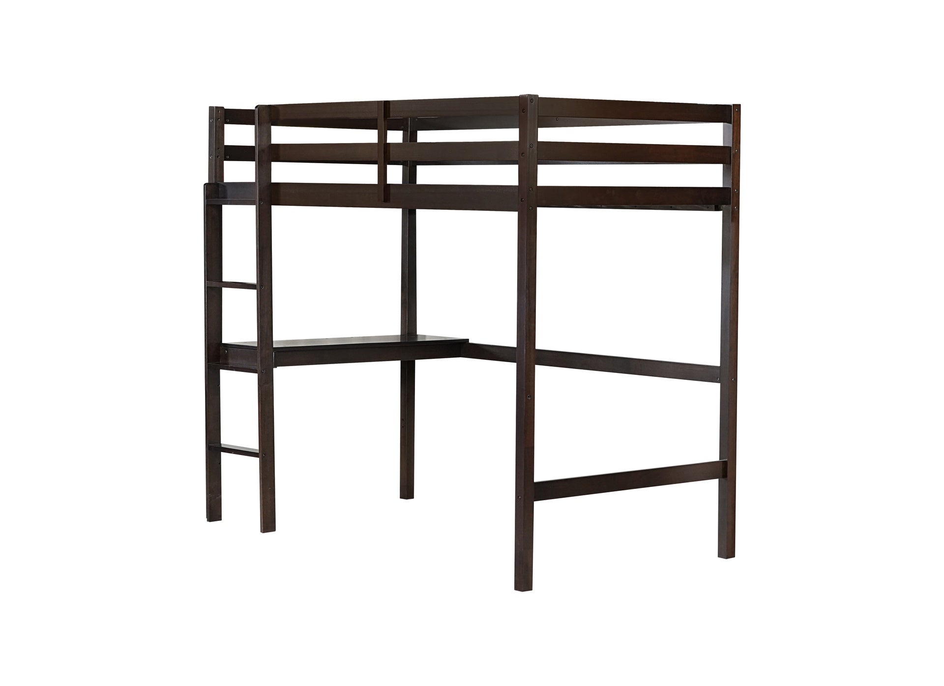 Twin High Loft Bed, Rubber Wood Loft Bed with Safety Guardrail, built-in desk, ladder,Espresso