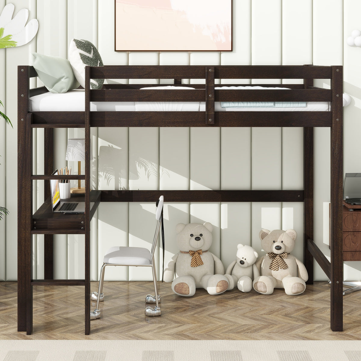 Twin High Loft Bed, Rubber Wood Loft Bed with Safety Guardrail, built-in desk, ladder,Espresso