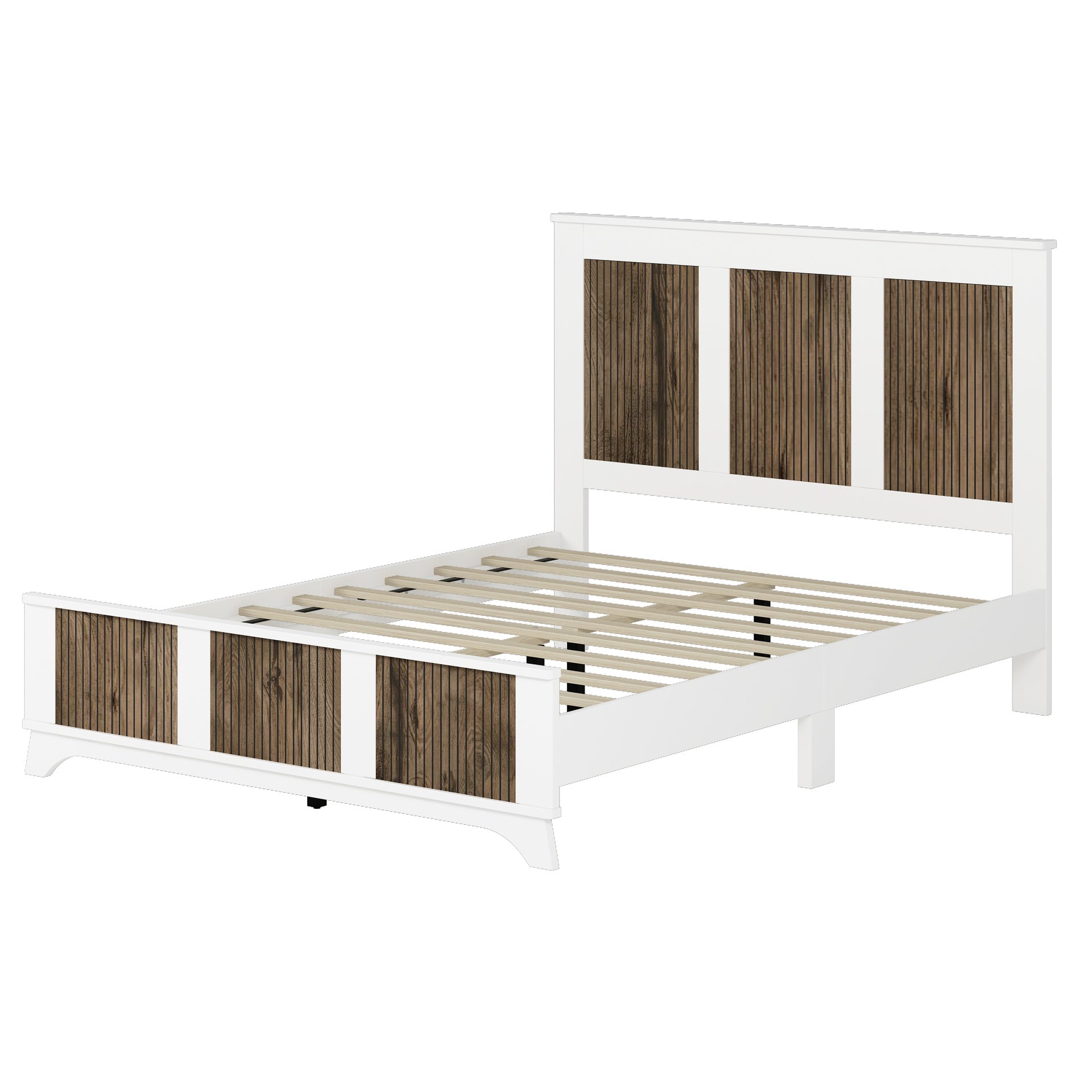 Farmhouse Wooden Platform Queen Size Bed, Modern Platform Bed with Wooden Strip Stickers Decoration, Plywood Slats Support, White