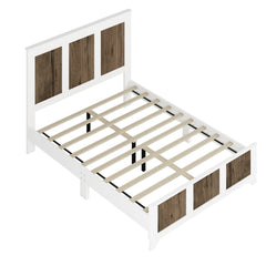 Farmhouse Wooden Platform Queen Size Bed, Modern Platform Bed with Wooden Strip Stickers Decoration, Plywood Slats Support, White