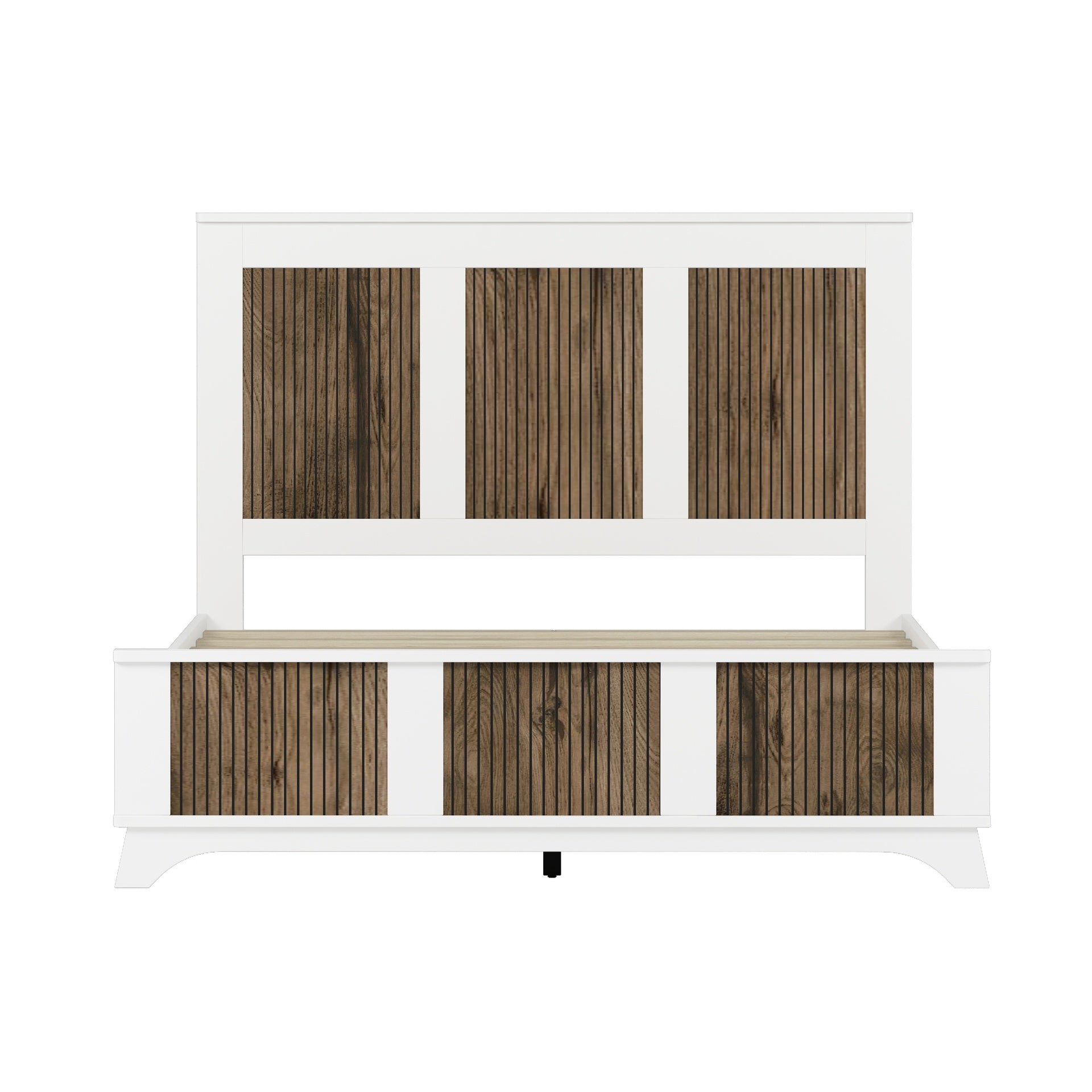 Farmhouse Wooden Platform Queen Size Bed, Modern Platform Bed with Wooden Strip Stickers Decoration, Plywood Slats Support, White