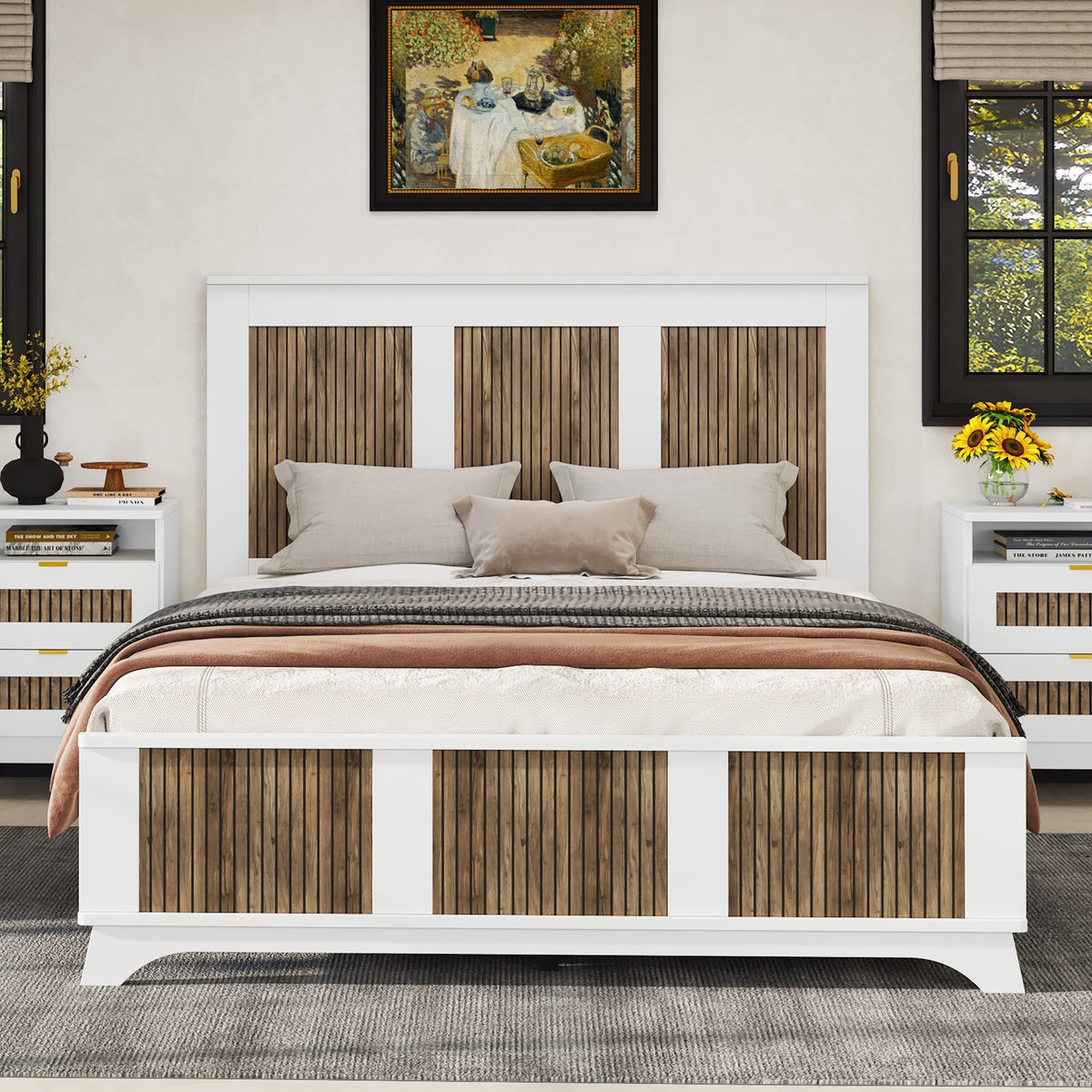 Farmhouse Wooden Platform Queen Size Bed, Modern Platform Bed with Wooden Strip Stickers Decoration, Plywood Slats Support, White