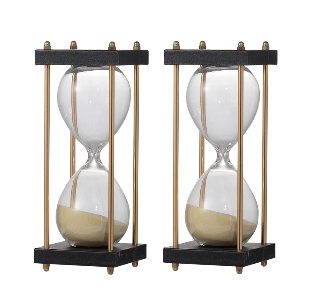 Set of 2, 3x3x7" Spellman 15-minute Hourglass, framed with an Metal stand, Tan