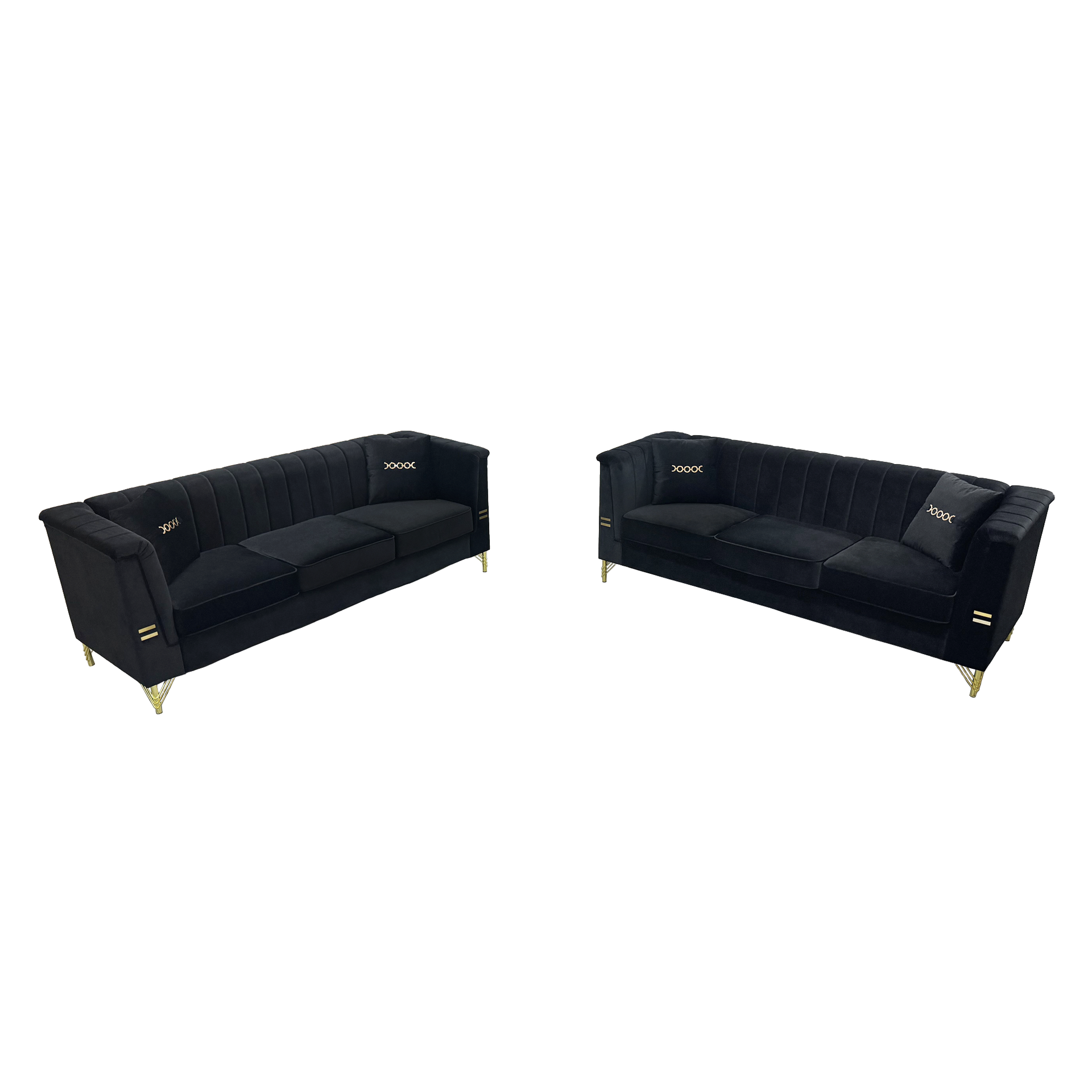 FX-P82-2PC SOFA -BK3  Black Velvet Sofa Set of 2, Two Modern 3-Seater Sofas with Plush Cushions & Gold-Tone Metal Legs  Stylish Living Room Couch Set for Homes, Apartments, and Guest Areas