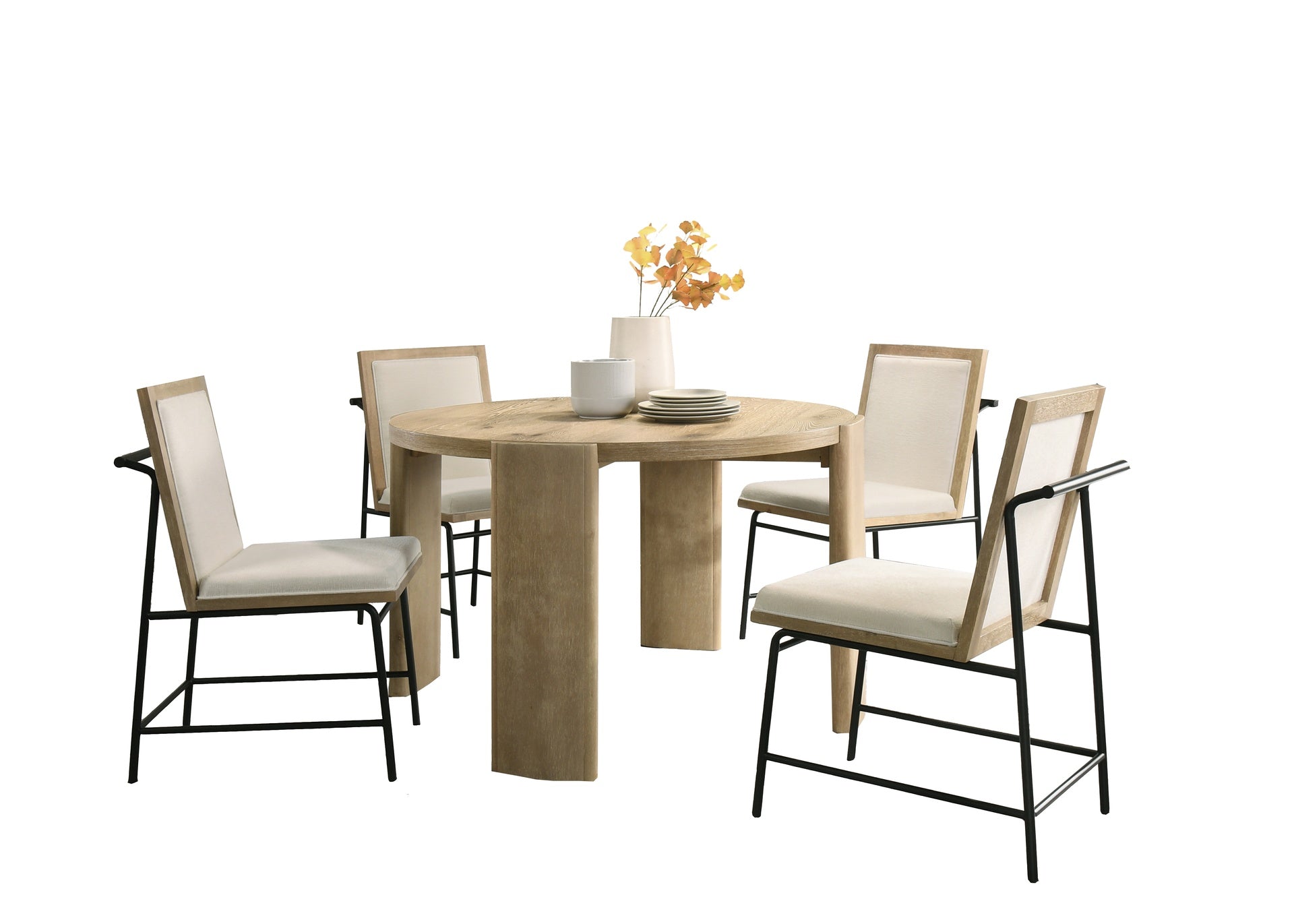 Bowen Oak Finish 47" Round Dining Table Set with Cream Color Upholstered Chairs