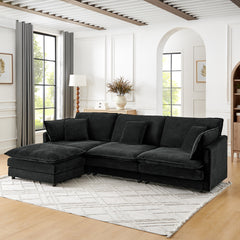 Modern Home Living Room L-Shaped Sectional Sofa Couches with Ottoman, Convertible Oversized 4 Seater Couch Towel Fabric, Black
