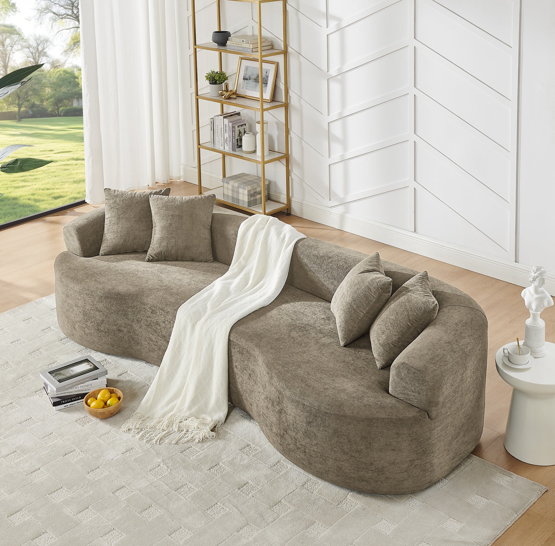 Modern Cloud 4-Seater Sectional Curved Sofa, Minimalist Compression Living Room Couch, No Assembly Needed, Chenille