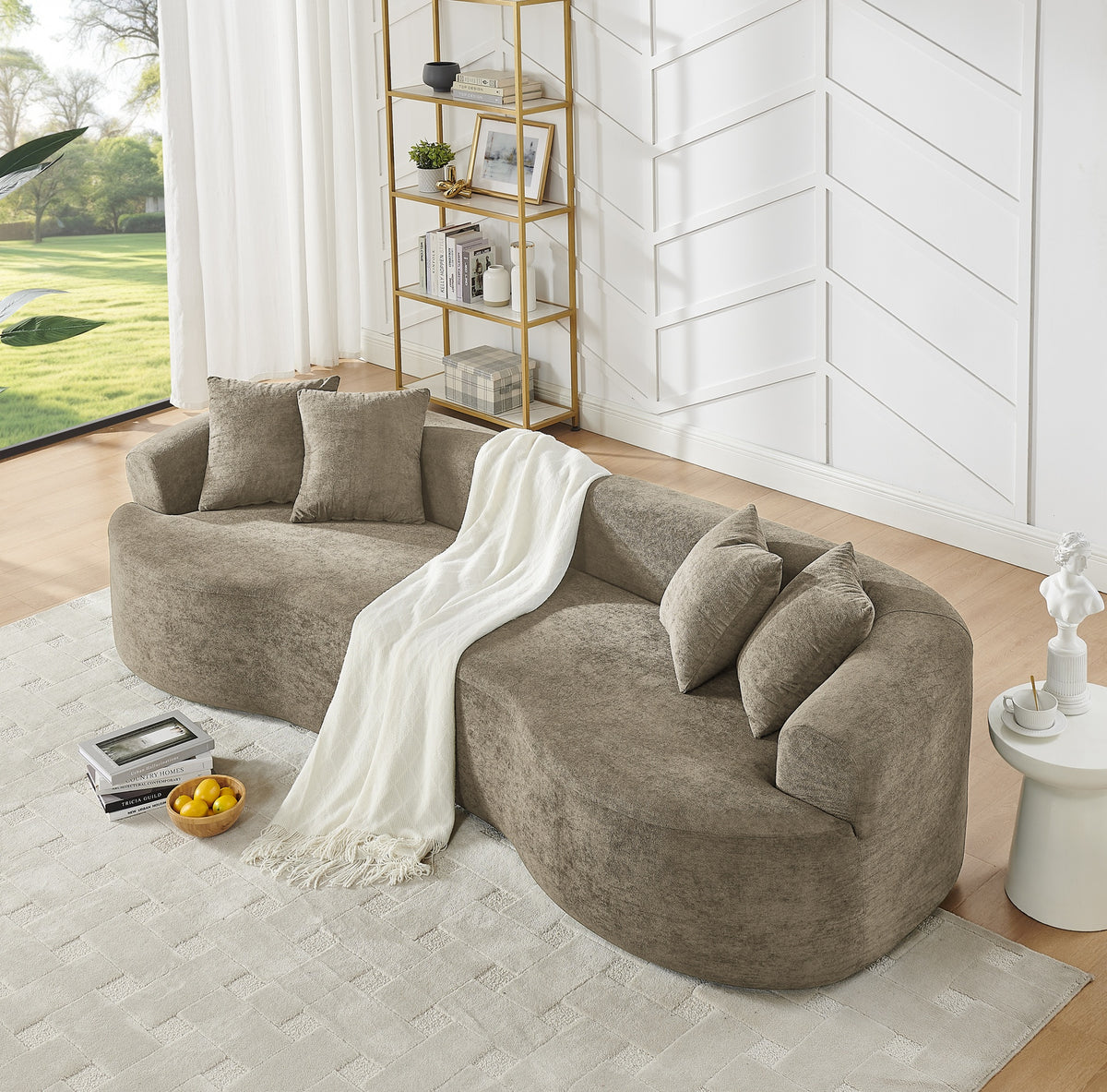 Modern Cloud 4-Seater Sectional Curved Sofa, Minimalist Compression Living Room Couch, No Assembly Needed, Chenille