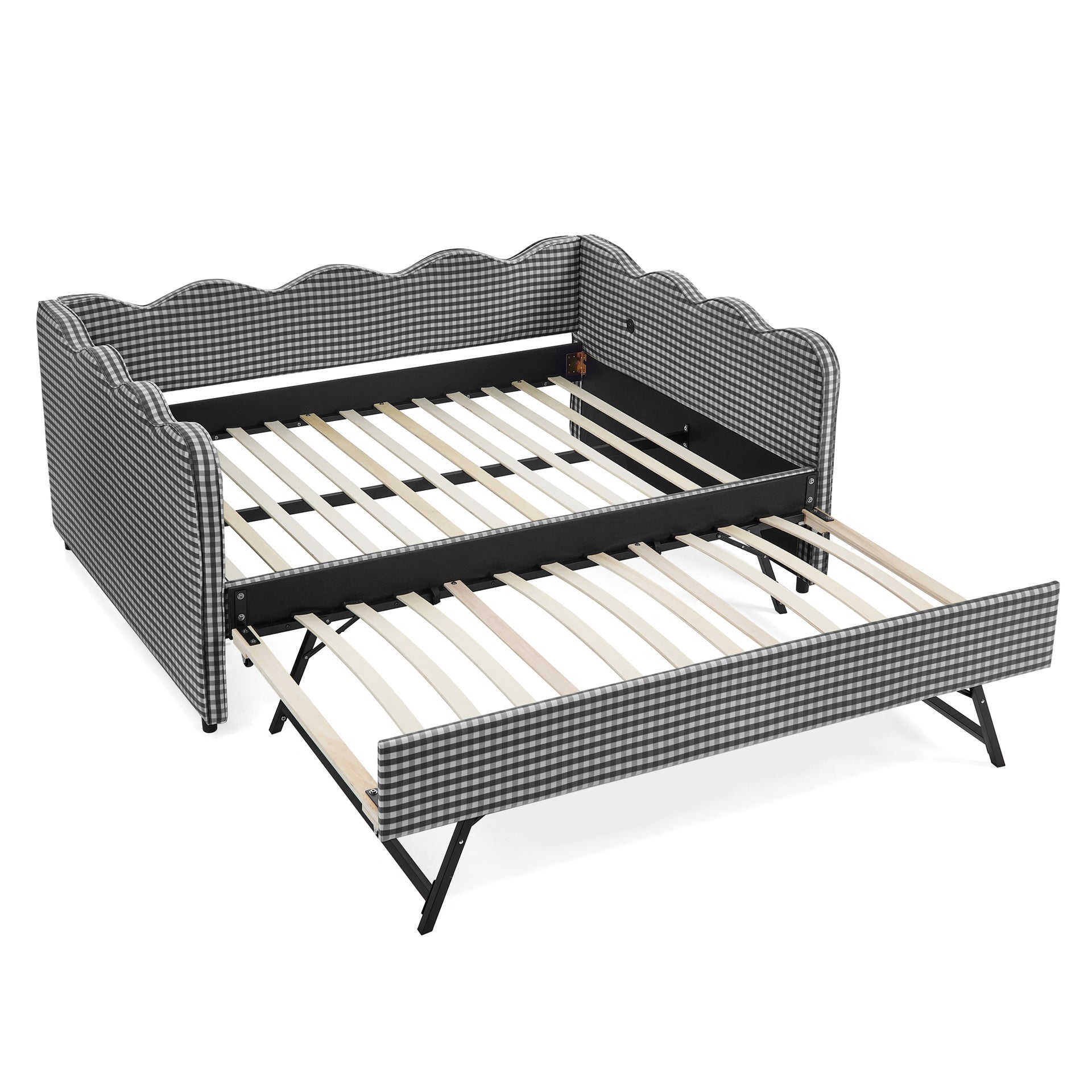 Full Size Cozy Gingham Daybed with Twin Size Trundle  No Box Spring Needed, with USB Port and Adorable Wave Shaped, Linen Fabric