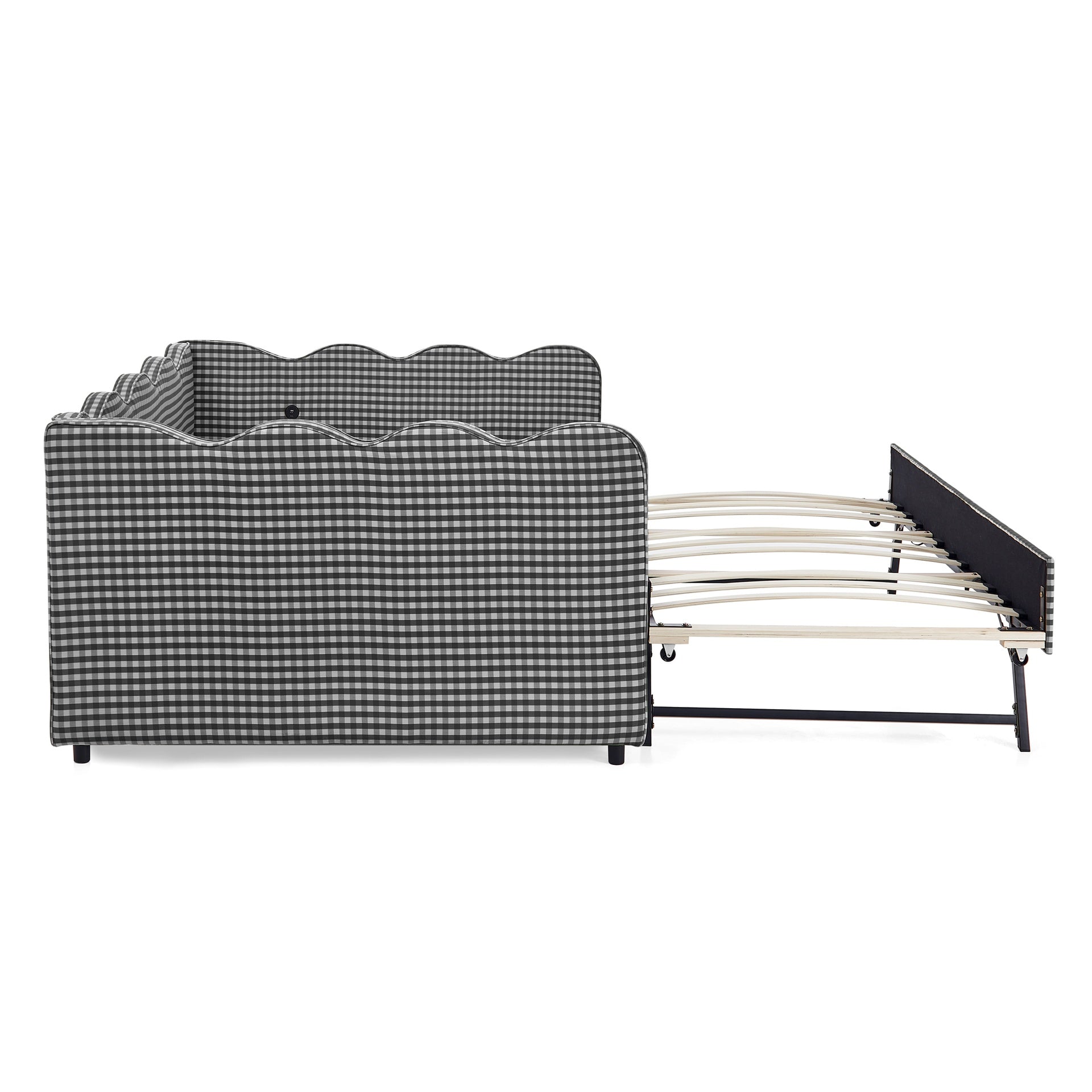 Full Size Cozy Gingham Daybed with Twin Size Trundle  No Box Spring Needed, with USB Port and Adorable Wave Shaped, Linen Fabric