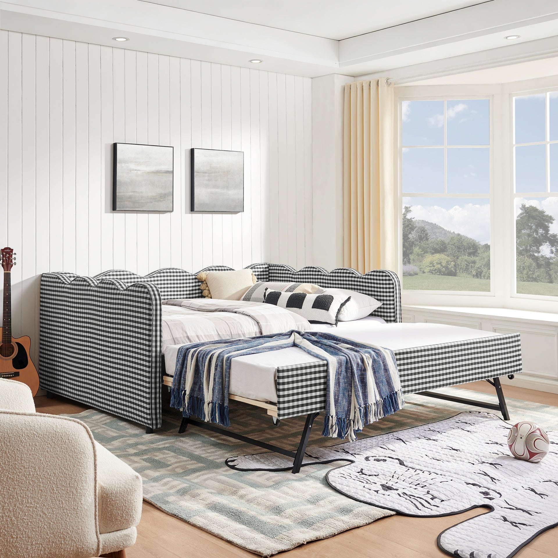 Full Size Cozy Gingham Daybed with Twin Size Trundle  No Box Spring Needed, with USB Port and Adorable Wave Shaped, Linen Fabric
