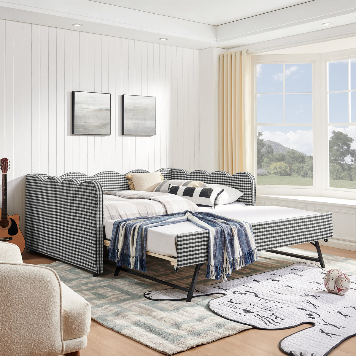 Full Size Cozy Gingham Daybed with Twin Size Trundle  No Box Spring Needed, with USB Port and Adorable Wave Shaped, Linen Fabric