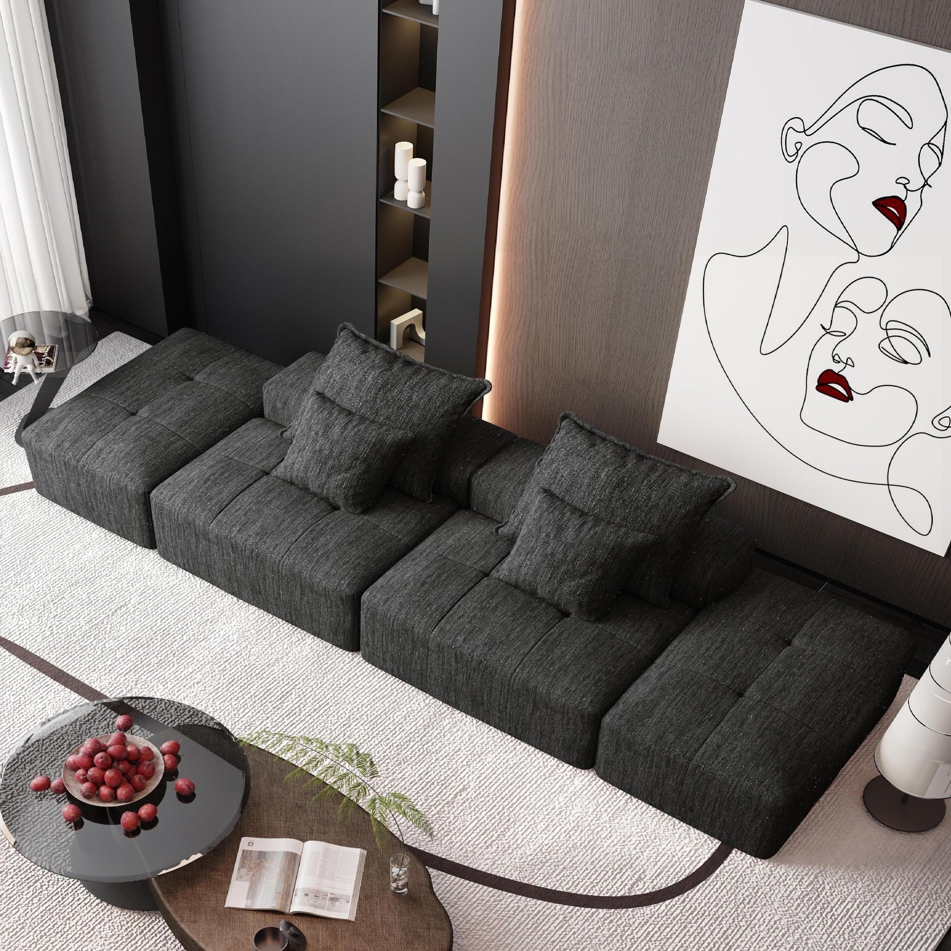 Modern Oversized Modular Sectional Sofa with 2 Ottoman and 2 seat,Sparkling Chenille Fabric Soft Cushion Sofa with 4 Pillows,4 PCS DIY Combination Tufted Sofa,No Assembly Required,BLACK