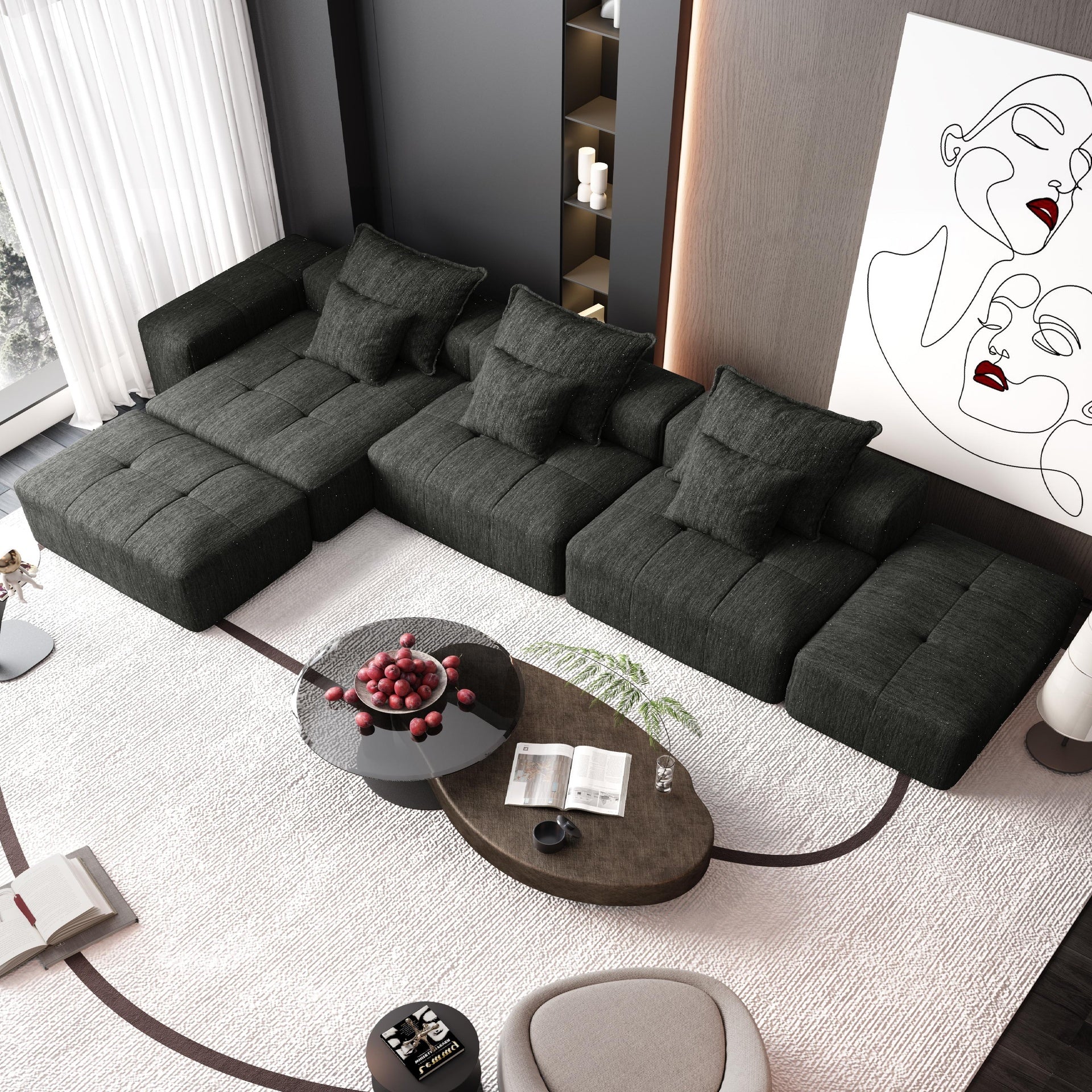 Modern Oversized Modular Sectional Sofa,Sparkling Chenille Fabric Soft Cushion Sofa with 6 Pillows,6 PCS DIY Combination Tufted Sofa,No Assembly Required,BLACK