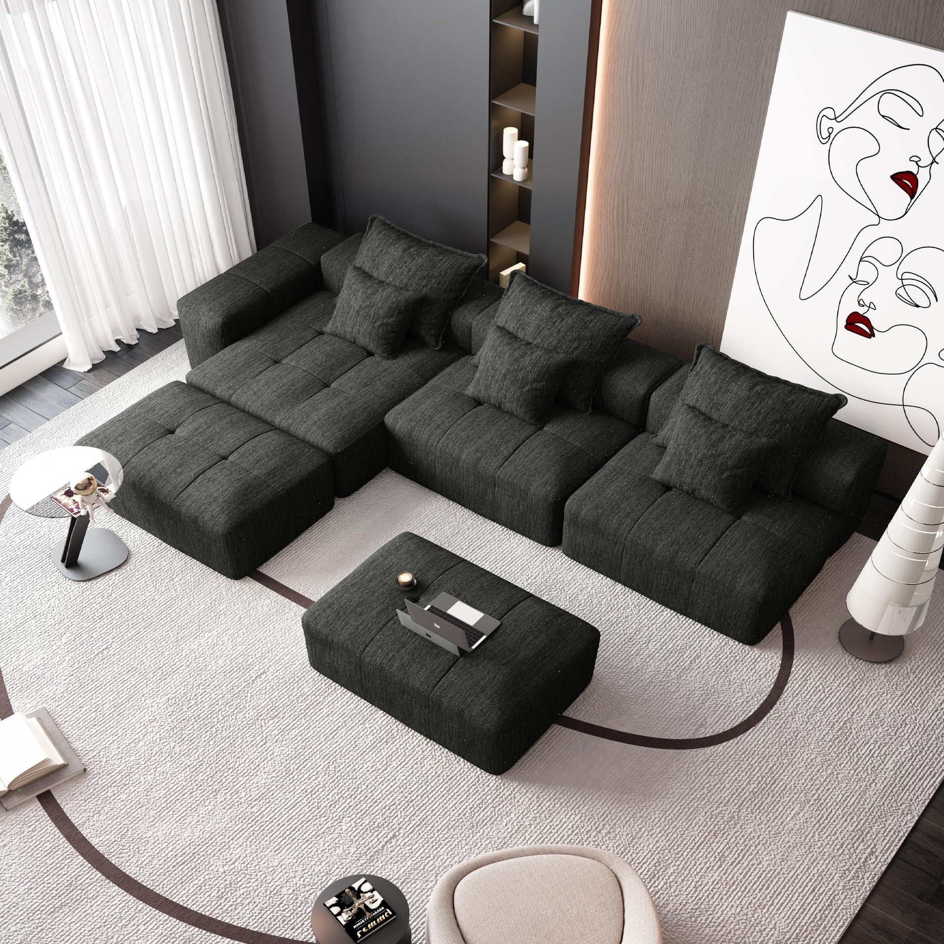 Modern Oversized Modular Sectional Sofa,Sparkling Chenille Fabric Soft Cushion Sofa with 6 Pillows,6 PCS DIY Combination Tufted Sofa,No Assembly Required,BLACK