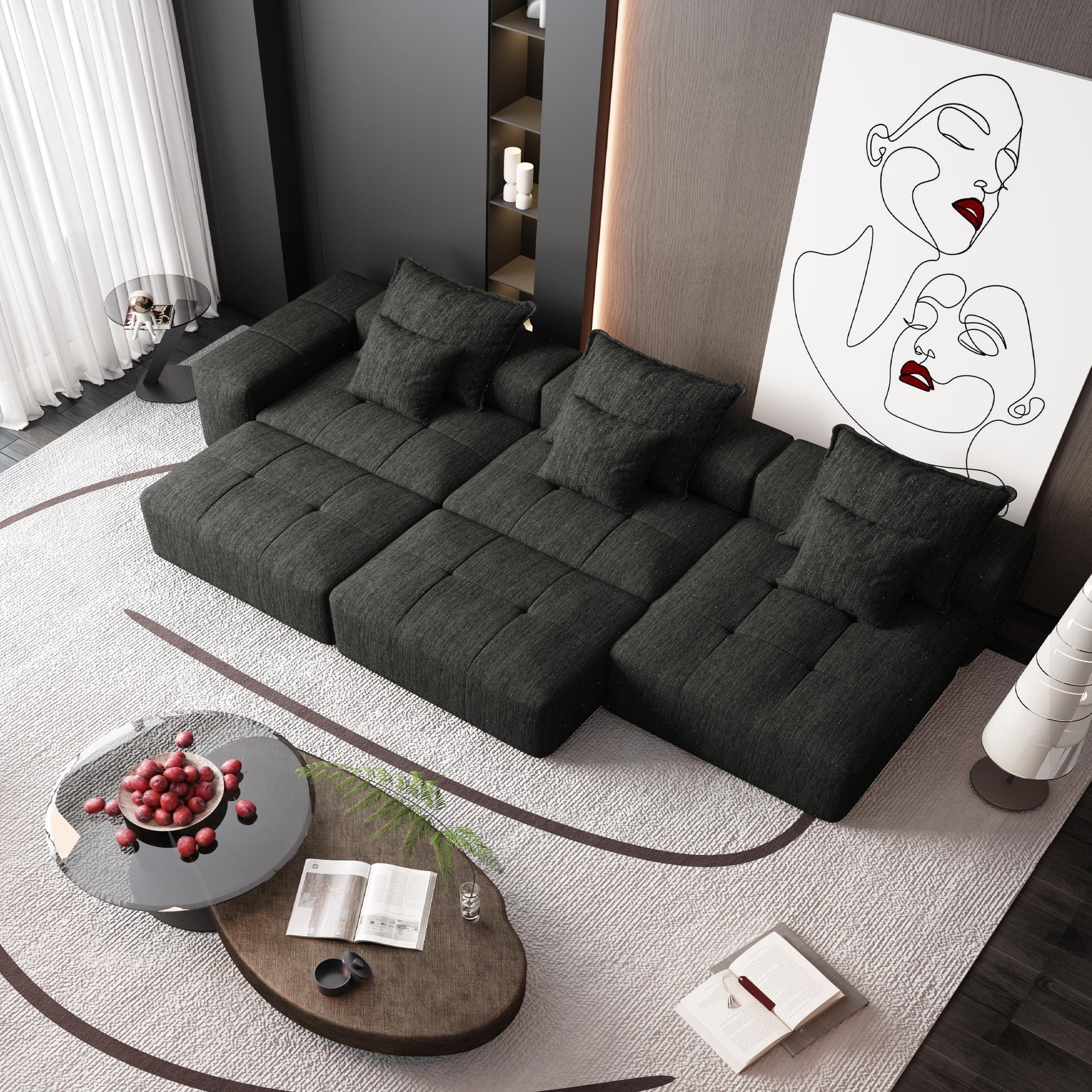 Modern Oversized Modular Sectional Sofa,Sparkling Chenille Fabric Soft Cushion Sofa with 6 Pillows,6 PCS DIY Combination Tufted Sofa,No Assembly Required,BLACK